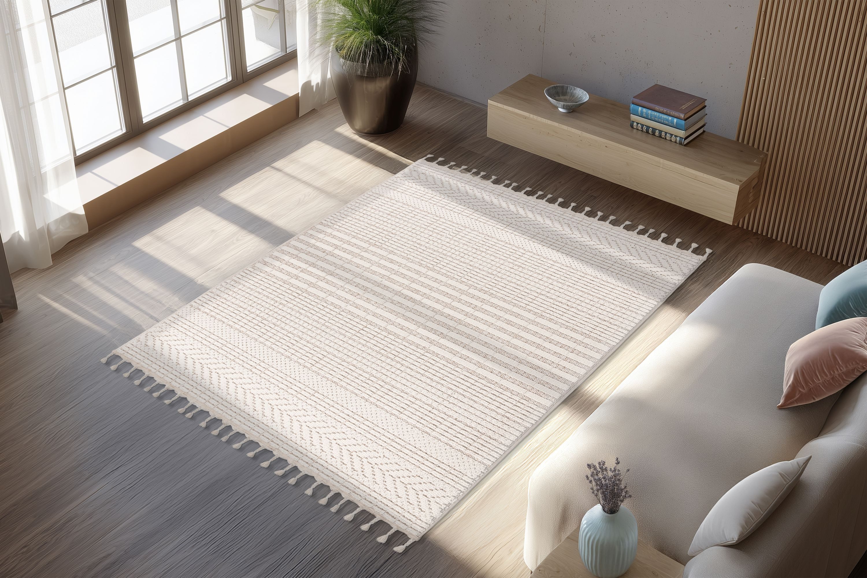 Kayoom Teppich Reef 125, rechteckig, Höhe: 9 mm, Kurzflor, Struktur, mit Fransen, Wohnzimmer