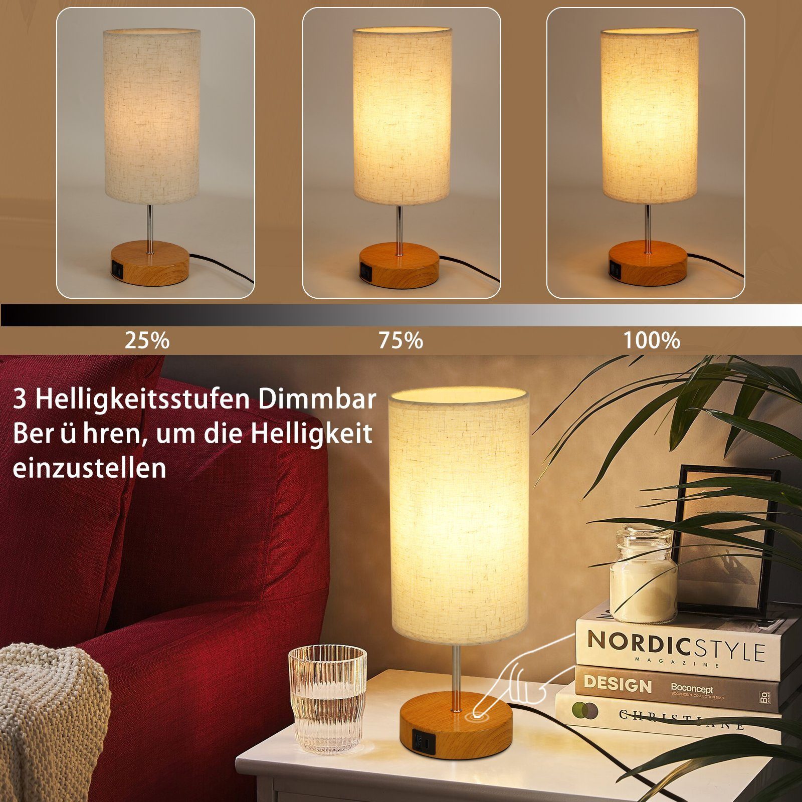 Nettlife Tischleuchte Tischlampe mit Stoffschirm Type-c&USB Ladeanschluss 3 Farbtemperaturen, LED fest integriert, Warmweiß, Schlafzimmer Wohnzimmer Nachttisch Geschenk -2er-Set