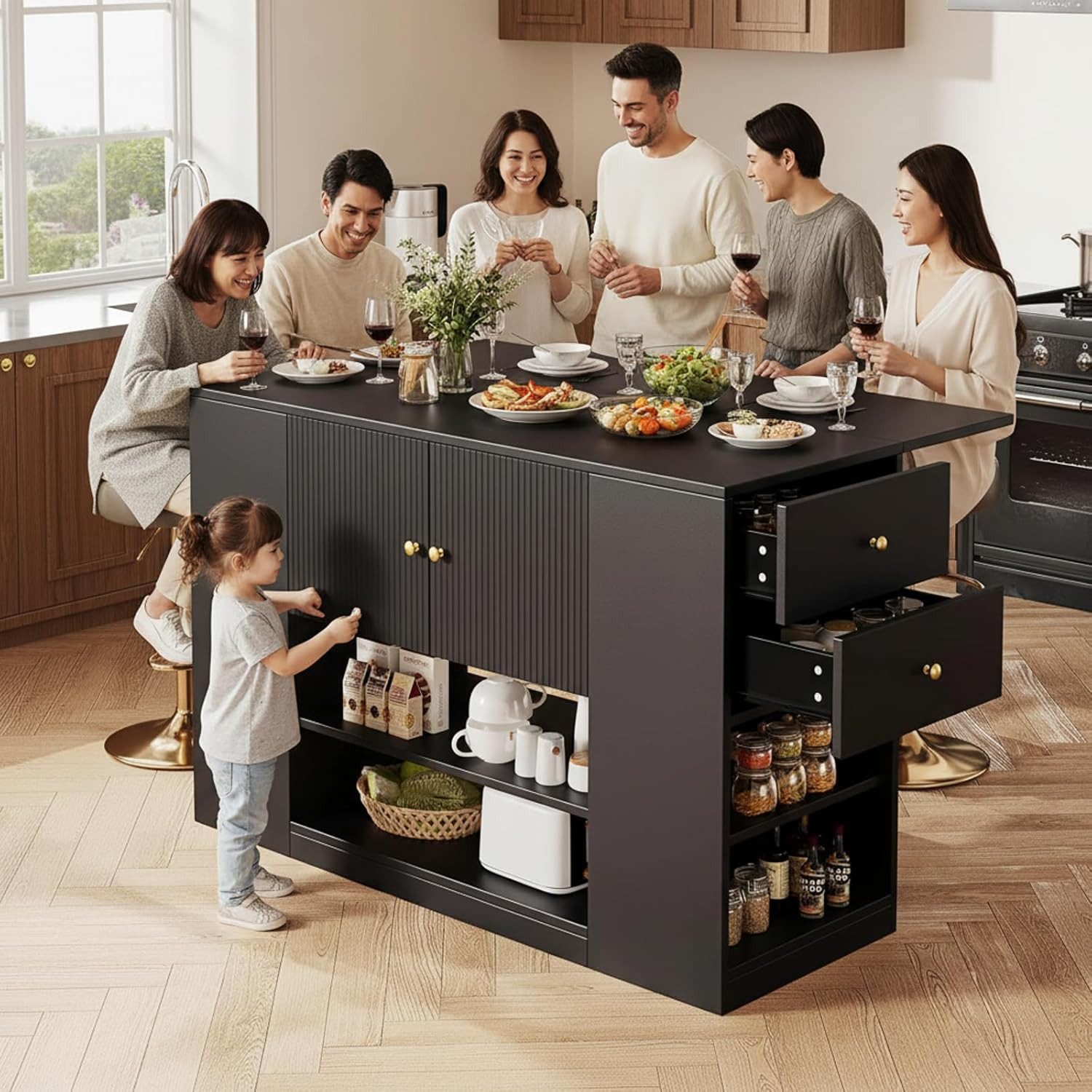 L&K Beistellwagen Klappbare Kücheninsel Freistehend, Schwarz 140x40x90 cm (HxBxT)