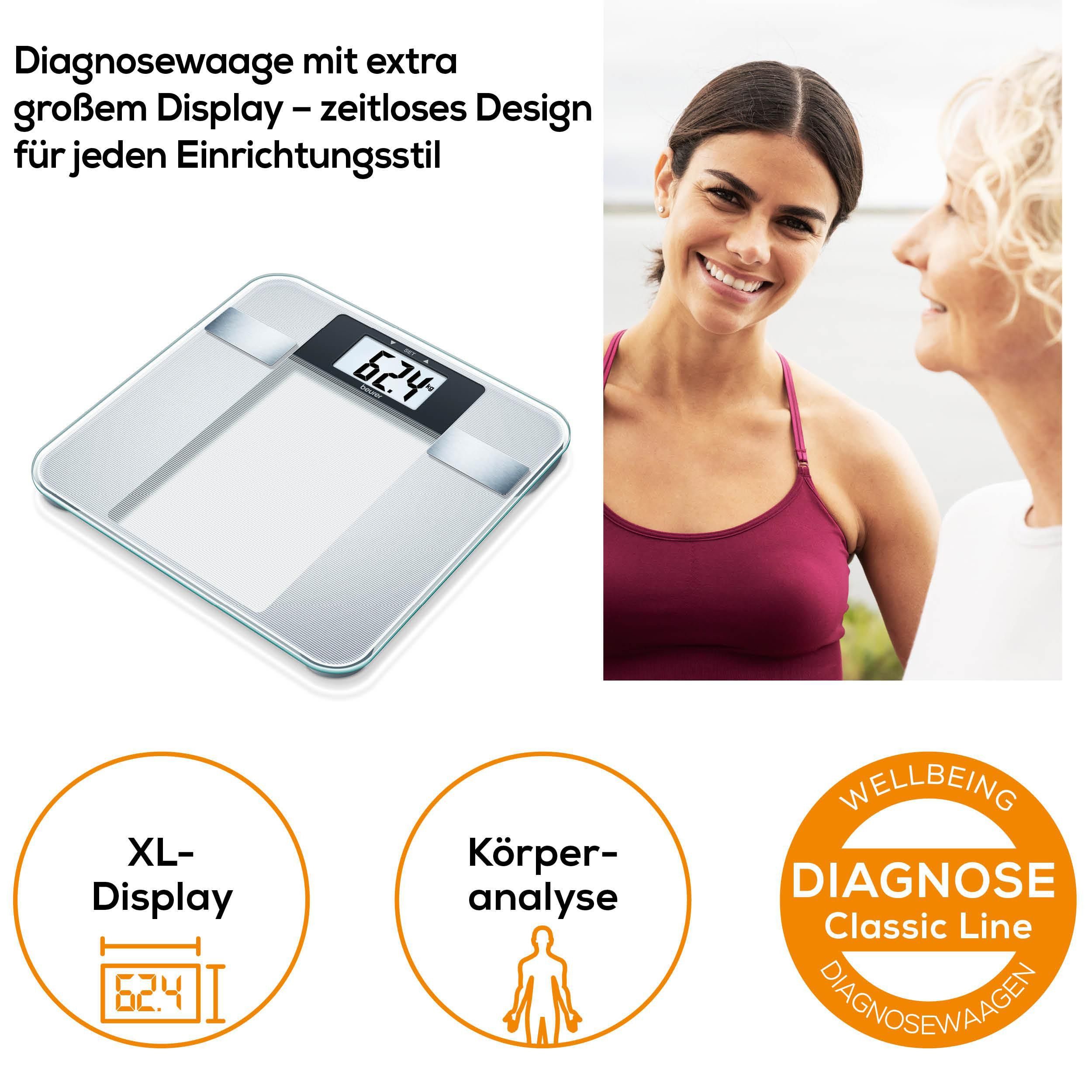 BEURER Körper-Analyse-Waage BG 13 zur Messung von Gewicht, Körperfett, Körperwasser, Muskelanteil, Trittfläche aus Sicherheitsglas, Tragkraft bis 150 kg