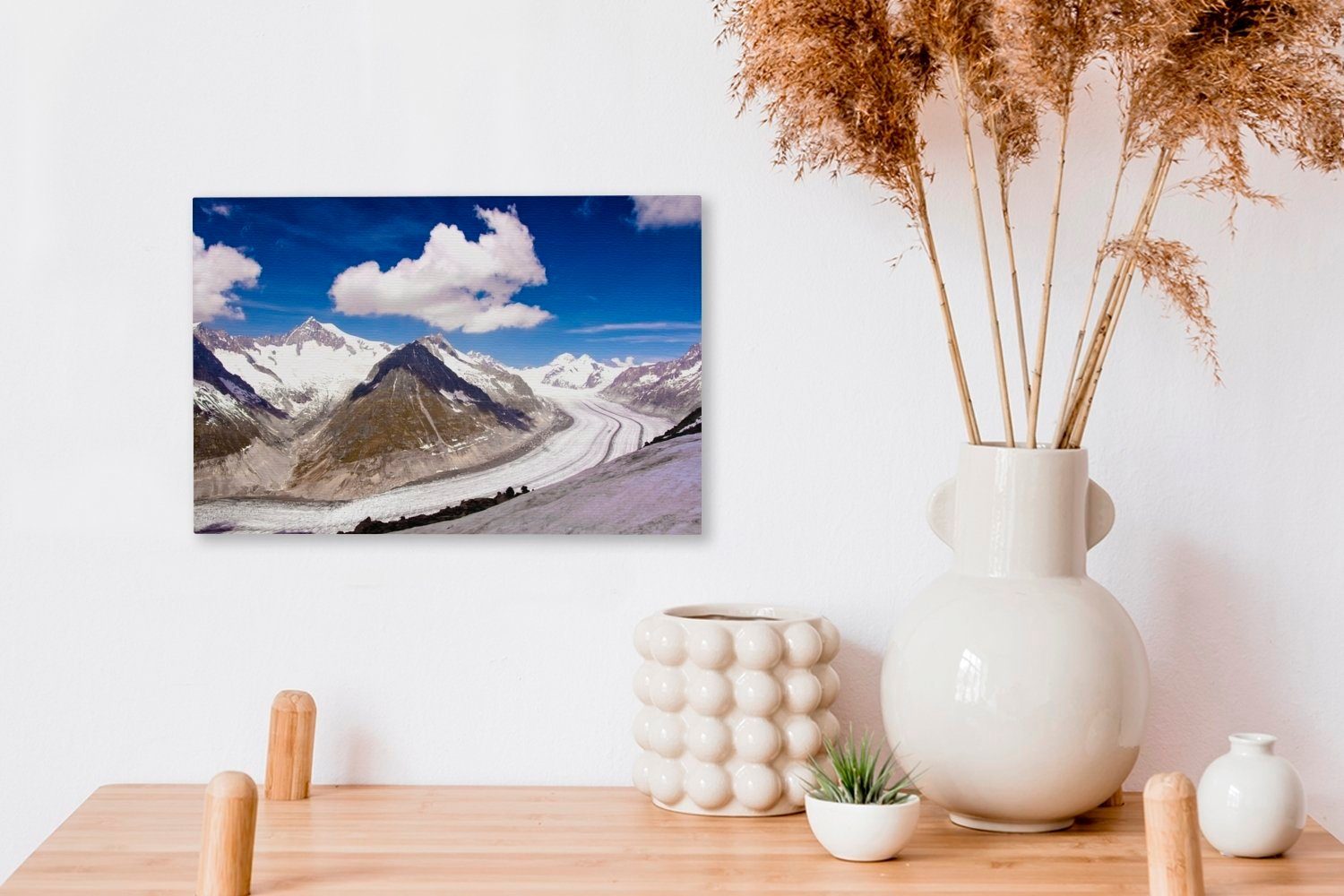 Der schneebedeckte Wanddeko, cm 30x20 Leinwandbild OneMillionCanvasses® im, (1 Wandbild Aletschgletscher mit Aufhängefertig, Leinwandbilder, St), Wolken bildenden sich
