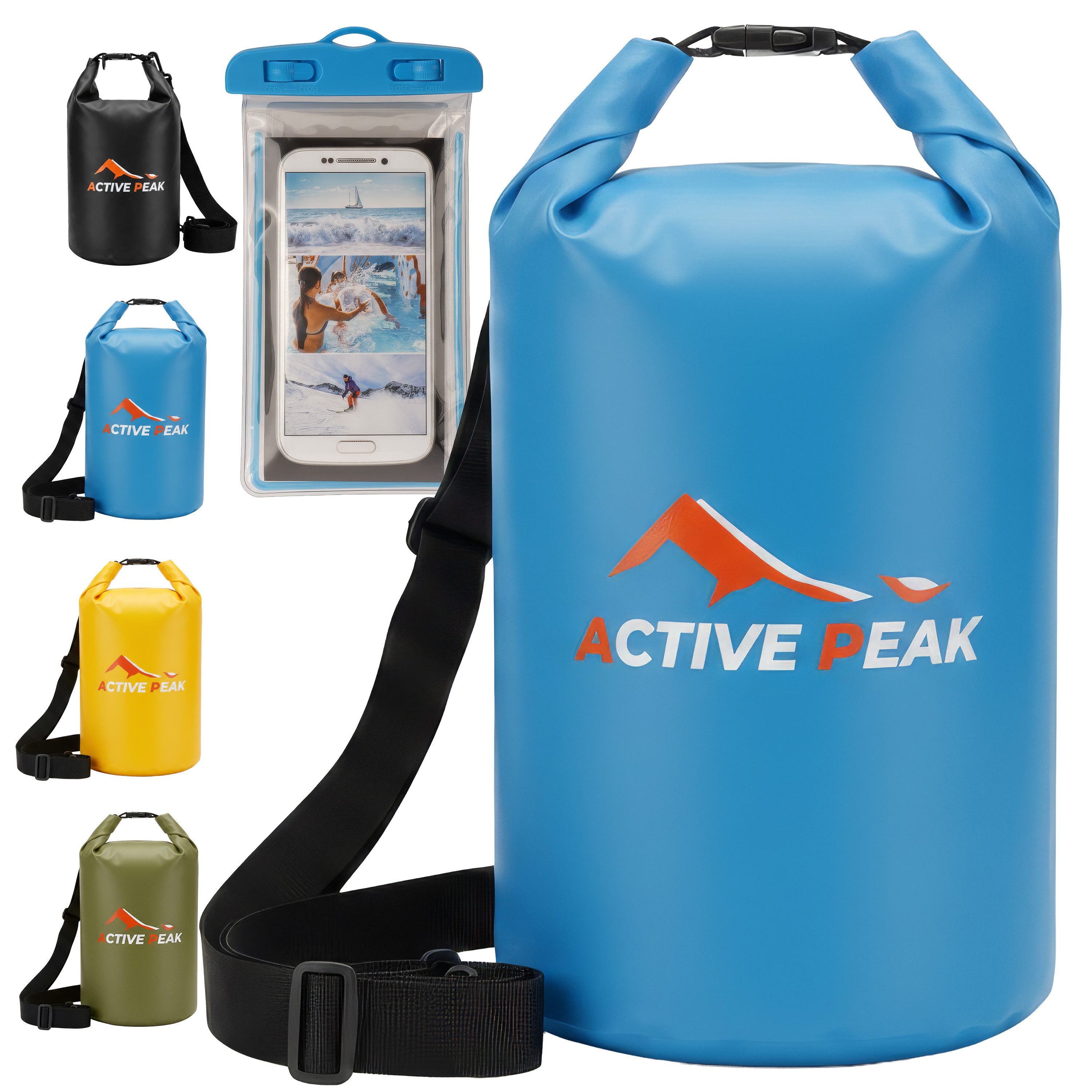 Active Peak Drybag Wasserdichte Tasche & Packsack (inkl. Wasserdichter Smartphone Hülle, 2-tlg), Waterproof Bag Seesackfür SUP, Kajak, Strand, Wassersport, Outdoor uvm