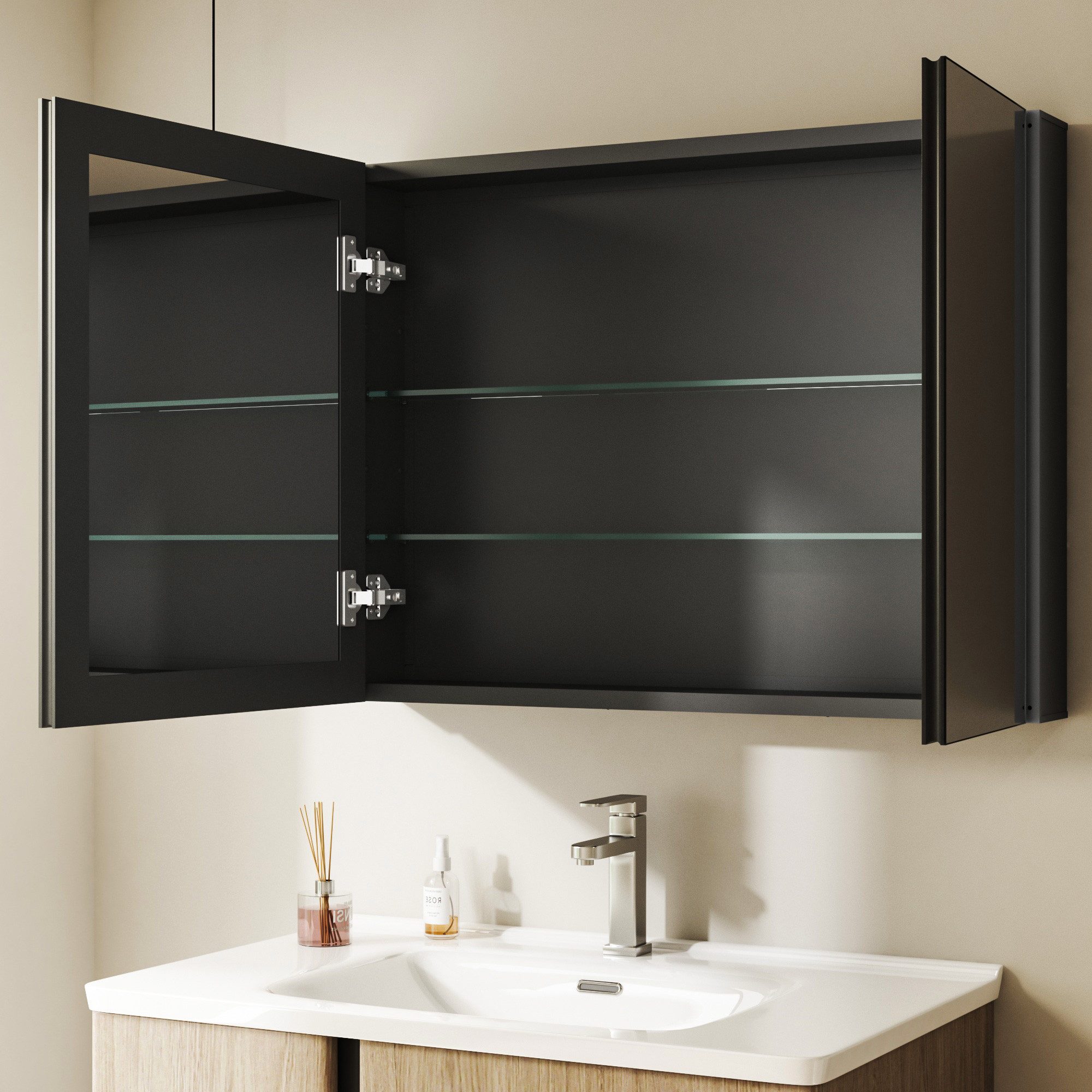Hopibath Badezimmerspiegelschrank Alu Spiegelschrank Schwarz 2türig 80x60cm günstig online kaufen