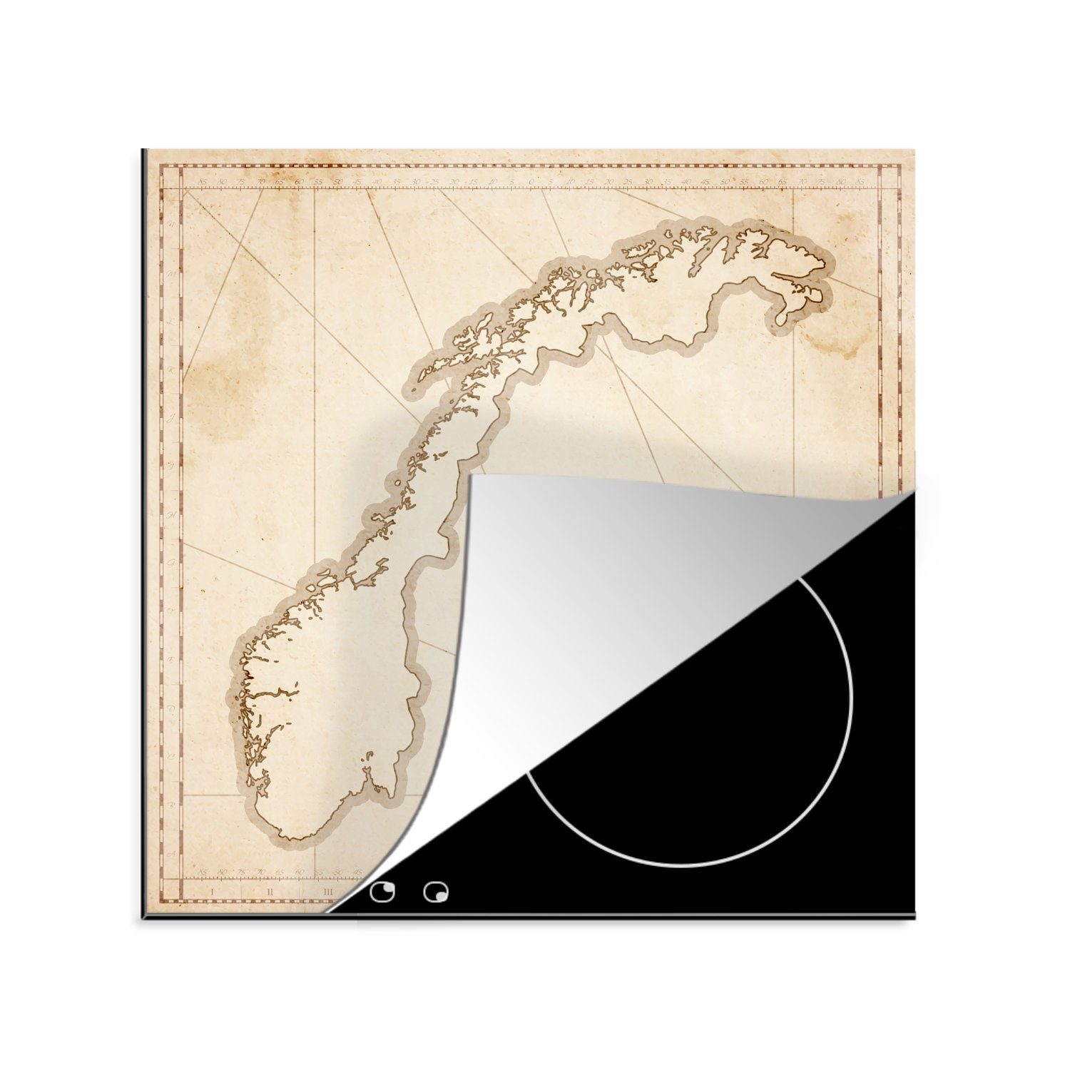 einer cm, antiken 78x78 Karte Ceranfeldabdeckung, küche Vinyl, MuchoWow von Norwegen, für (1 Arbeitsplatte tlg), Illustration Herdblende-/Abdeckplatte