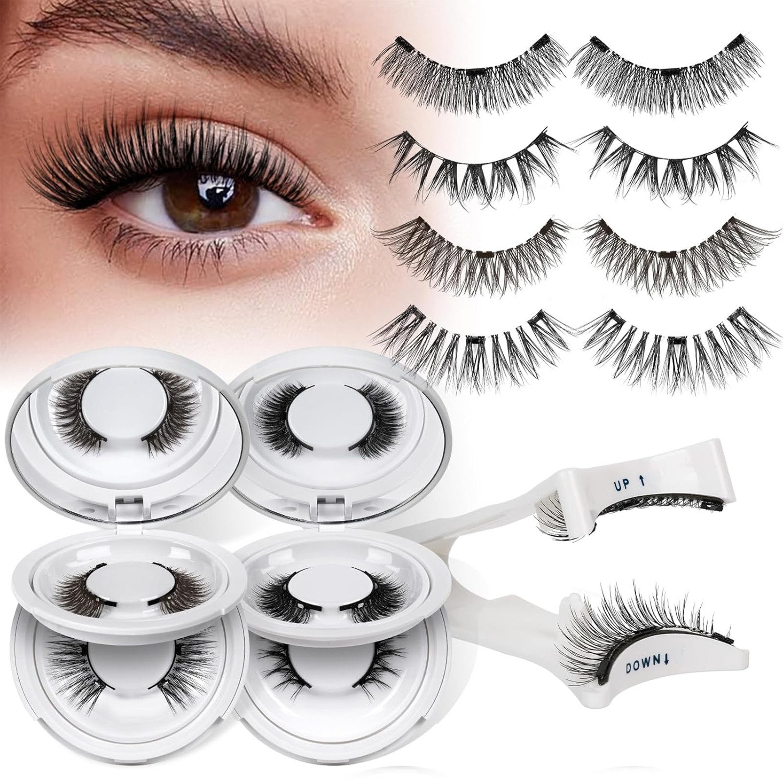 MOPUEA Magnetwimpern Magnetische Wimpern 4 Paar Ohne Kleber Wiederverwendbar mit Spiegelbox, Magnetische Wimpern mit Applikator und Spiegelbox, 4 tlg., Leicht wiederverwendbar und ideal für Anfänger geeignet