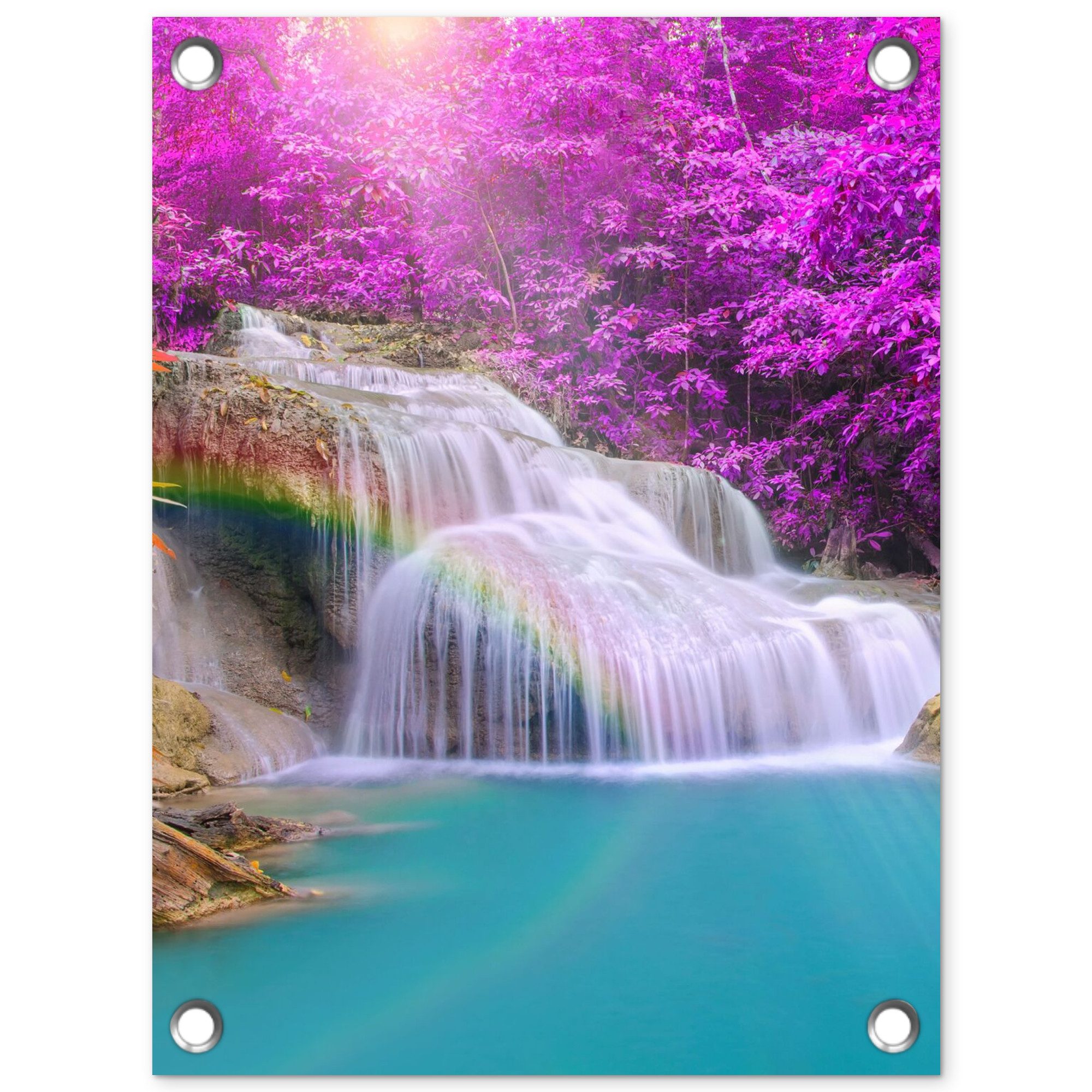 OnlyWow Poster für Garten Wasserfall - Bäume - Regenbogen - Lila, Gartenposter, Outdoor Bilder, Gartendeko für draußen, 30x40 cm