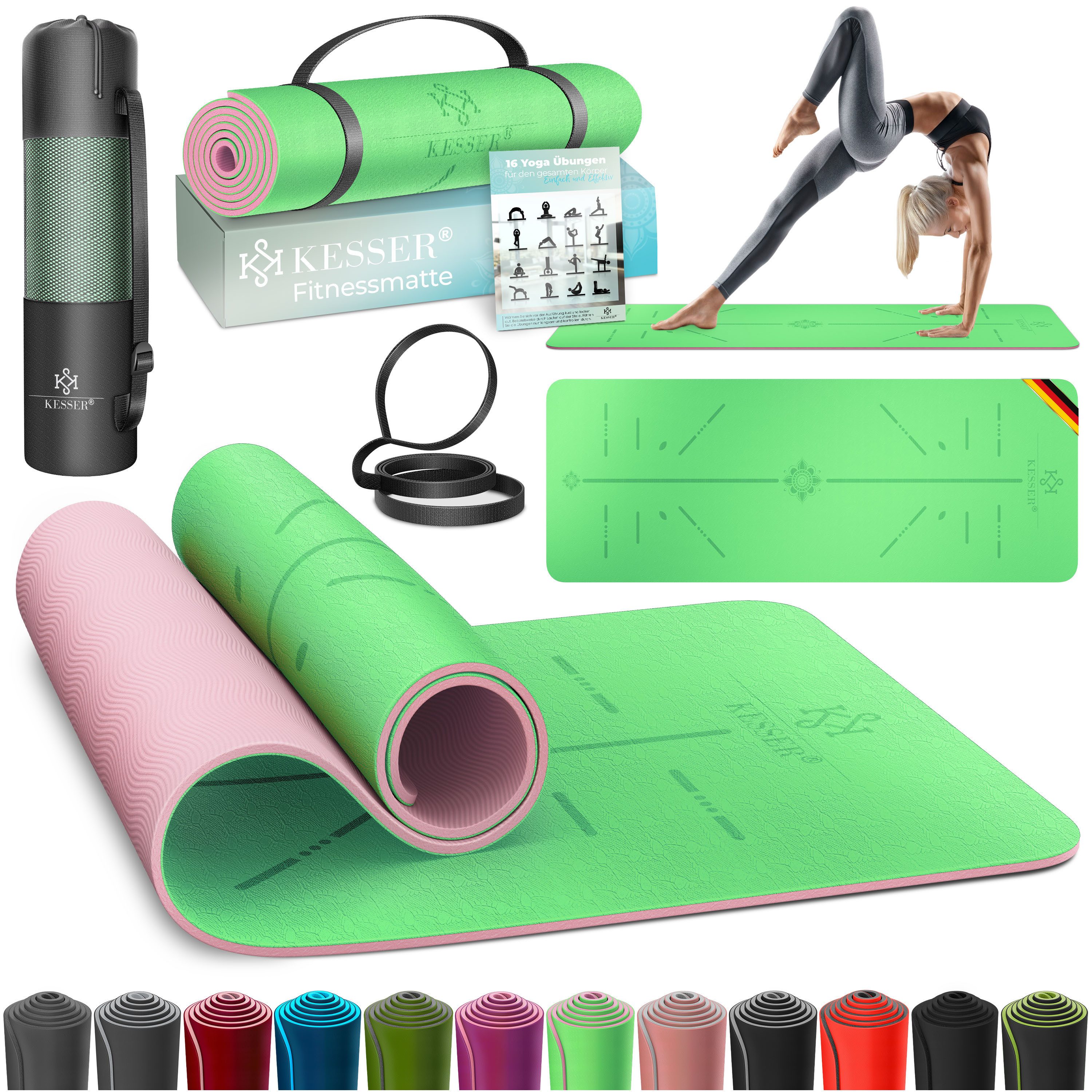 KESSER Yogamatte, Gymnastikmatte + Tragegurt rutschfest TPE Yogamatte gepolstert