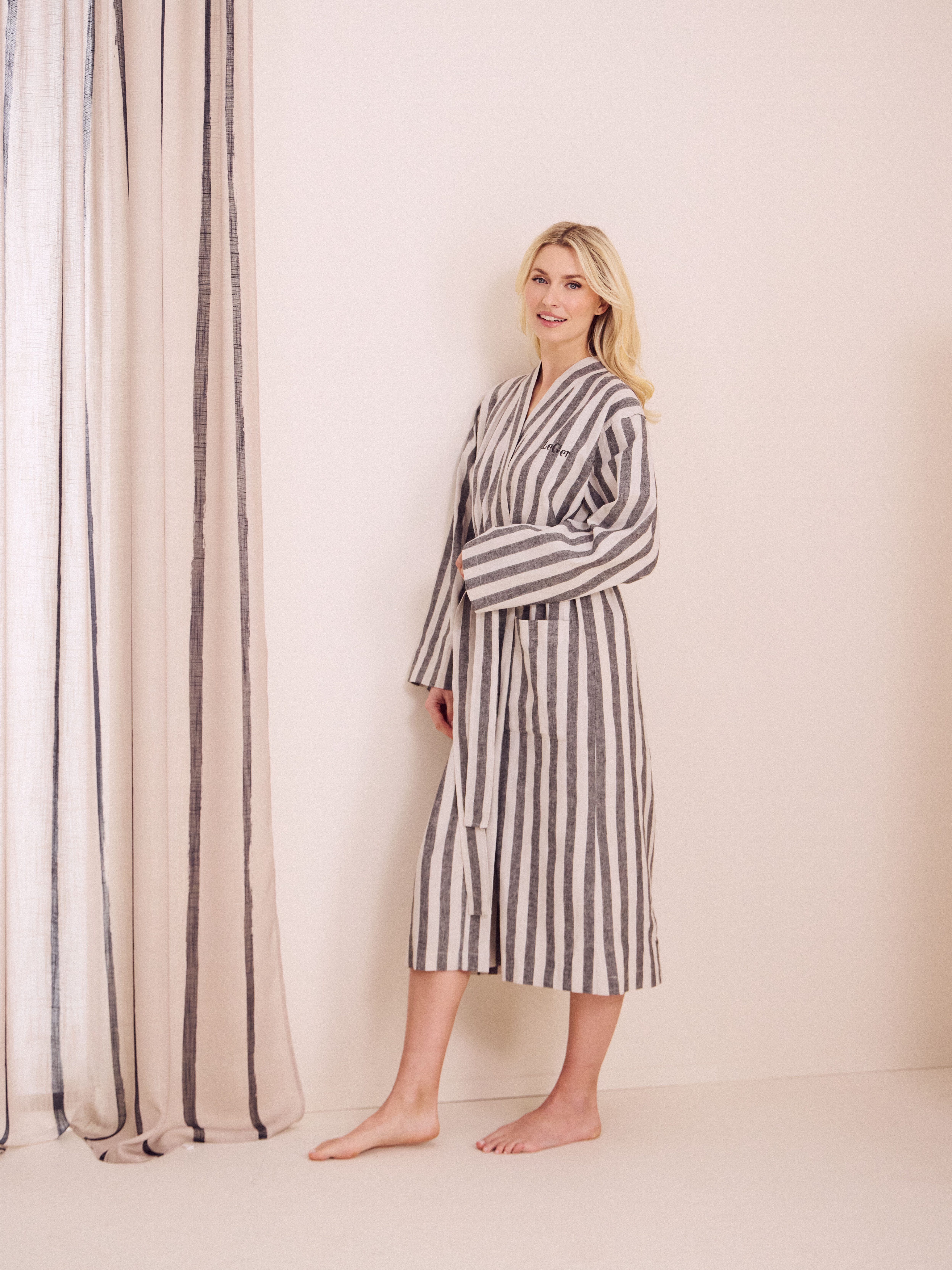 LeGer Home by Lena Gercke Bademantel Tamsin, Benny, ideal für Sauna & Spa, Hotelbademantel, Morgenmantel, Midilänge, Baumwoll-Mix, Kimono-Kragen, Gürtel, Baumwolle, Leinen, gestreift