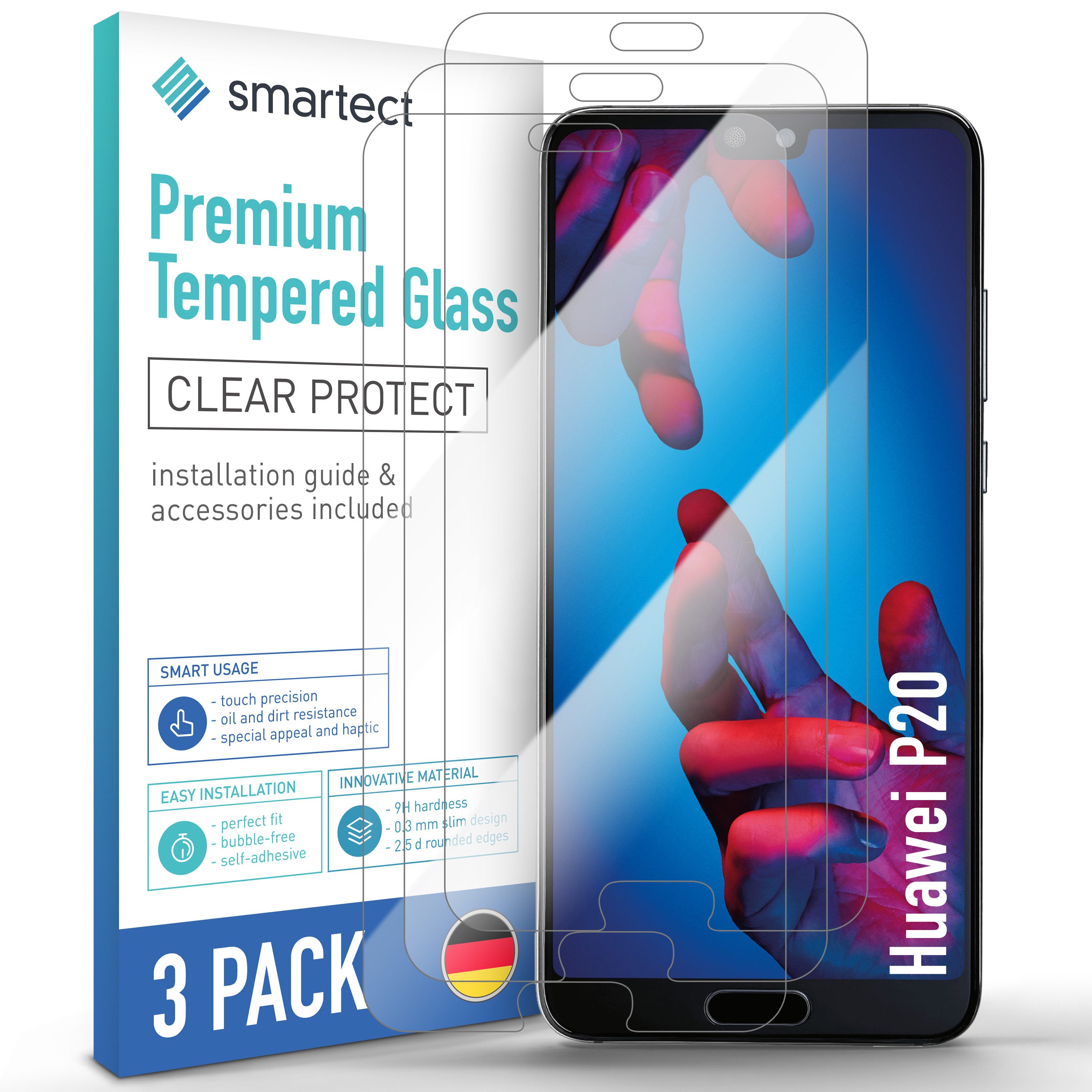 smartect Displayschutzglas Schutzglas Panzerfolie Klar für Huawei P20, Set, 3 Stück, Schutzfolie Glasschutz Bildschirm