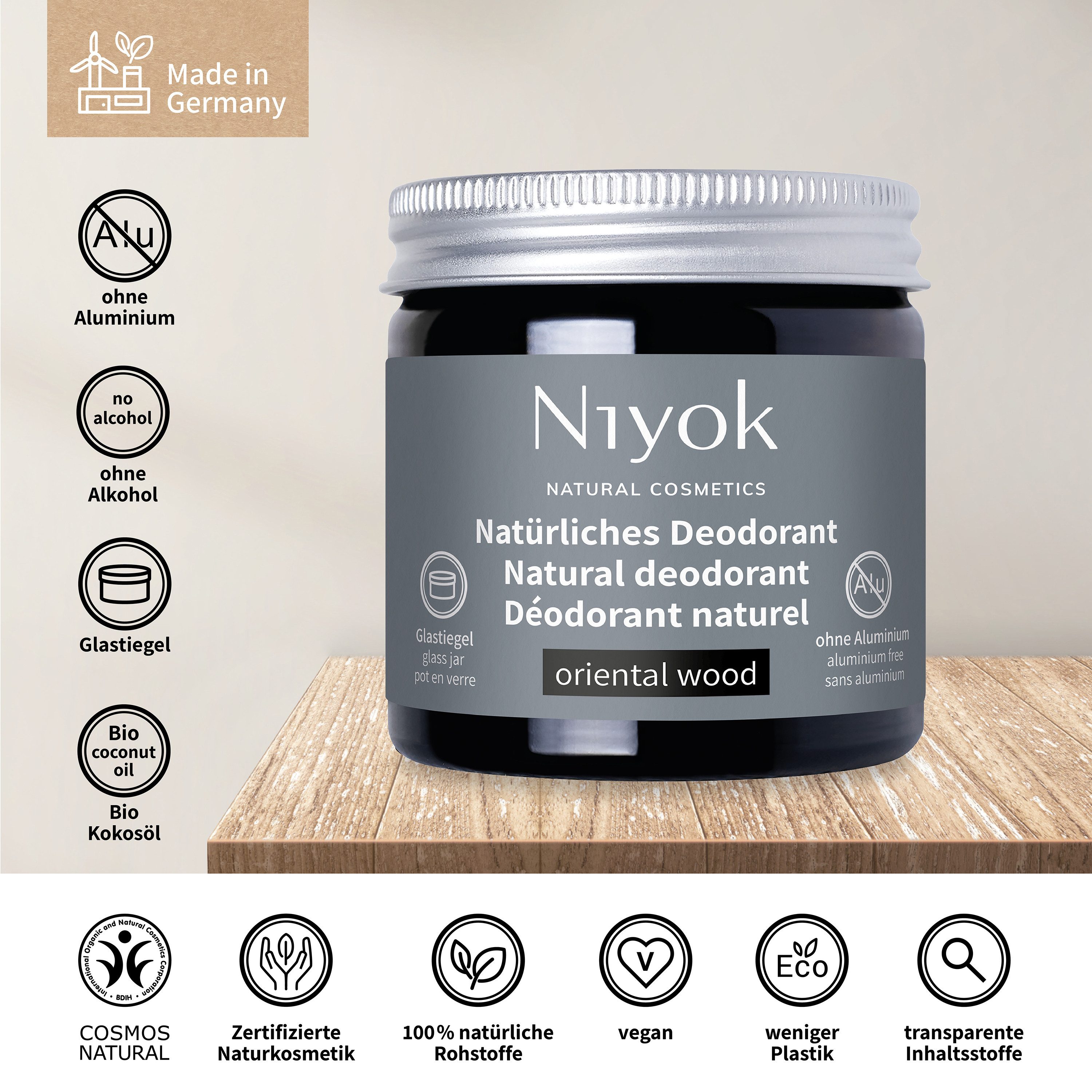 Niyok Deo-Creme 2-in-1 anti-transpirant, Schutz vor Geruch & Schweiß, ohne Alluminium, Oriental Wood, Deodorant Creme Unisex, Feste Deo Creme, vegan