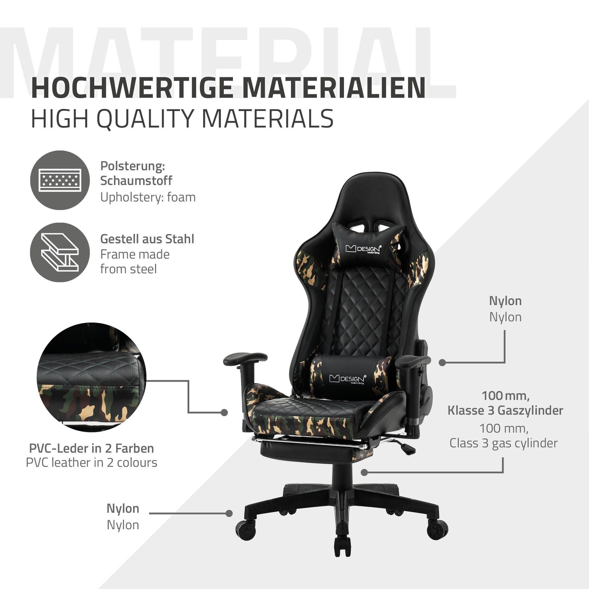 ML-DESIGN Gaming-Stuhl Gaming Drehstuhl Kunstleder, Lendenkissen, verstellbar Camouflage Armlehne, mit Ergonomischer aus Bürostuhl mit Schwarz, Fußstütze Stuhl Kopfstütze