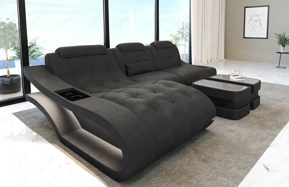 Dreams Elegante wahlweise warmgau-schwarz Ecksofa - L Form Sofa A Sofa Stoff Polster Stoffsofa, Couch Bettfunktion mit