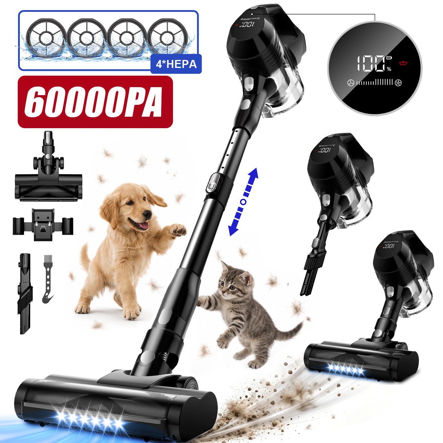 Adormii Akku-Hand-und Stielstaubsauger Akku Staubsauger 60000pa, Staubsauger Kabellos, 60Min/1,8L, beutellos,Smart LED-Display,4*HEPA,Filterwirkung 99,99 %,LED und Anti-Verwicklungs-Bodenbürste, Akkustaubsauger für Teppich, Hartböden, Tierhaare