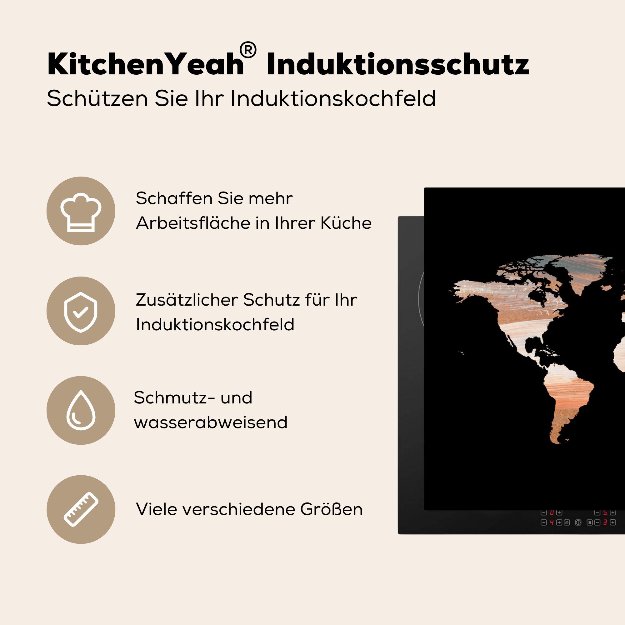 küche, 71x52 MuchoWow - Induktionskochfeld cm, (1 Schutz Farben für - Ceranfeldabdeckung Schwarz, Herdblende-/Abdeckplatte die Weltkarte Vinyl, tlg),