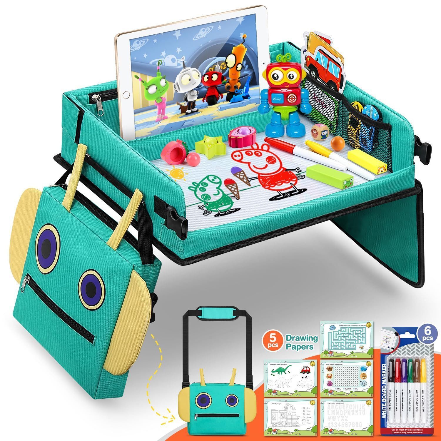 POPOLIC Spieltisch 2 In 1 Kinder Reisetisch 5 Pädagogische Zeichenpapiere, 6 Farbstifte, (Roboter-Rucksack Abnehmbarer Multifunktionaler, Auto Kinder Knietablett Reisetisch Reise Outdoor Indoor, 1-tlg)