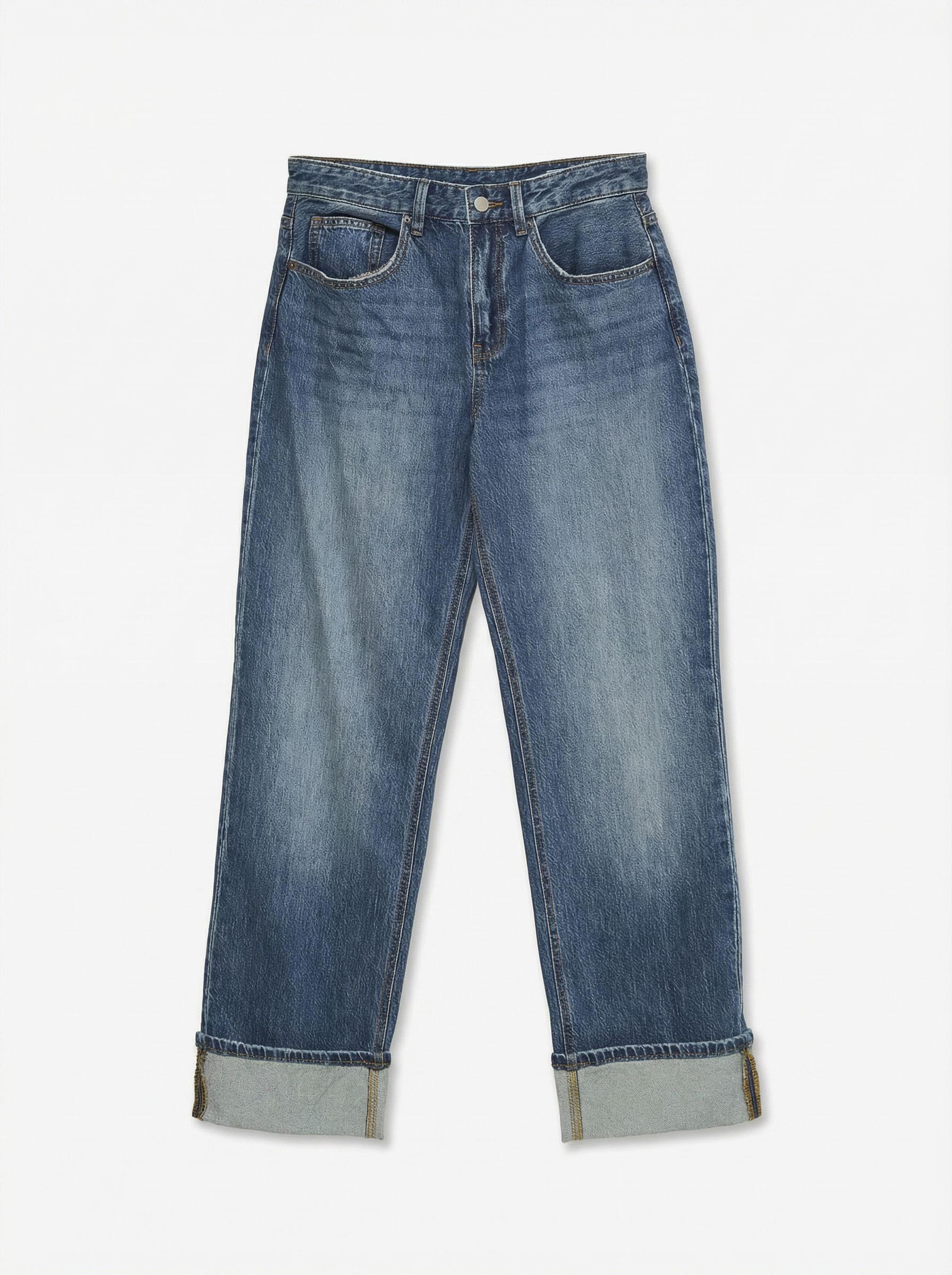 Vero Moda Straight-Jeans VMCOLINE MR STRA. FOLD UP DNM JNS LI3204 Baumwollmischung, oversize, sanft gewaschener dunkler Denim-Look
