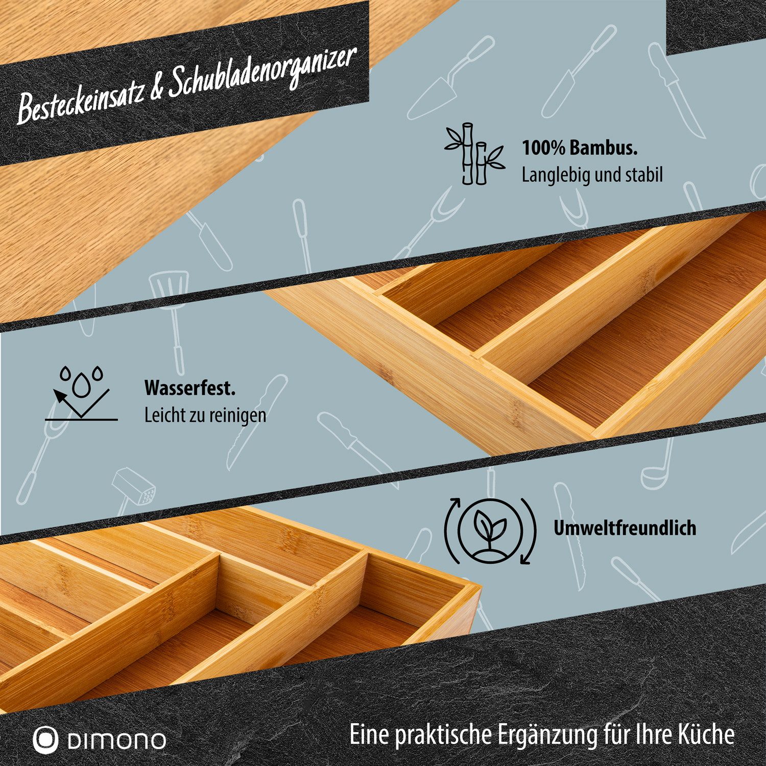 Dimono Besteckeinsatz Flexibler Besteckeinsatz–Ausziehbarer Schubladen- und Besteckorganizer (Ordnungssystem, Flexibler Schubladen Organizer), Schubladen-Sortier-Einsatz