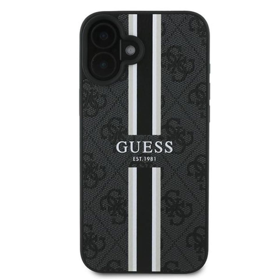 Guess Handyhülle iPhone 16 Plus Kunstleder Muster grau Logo goldfarbig MagSafe 6,7 Zoll, Kantenschutz