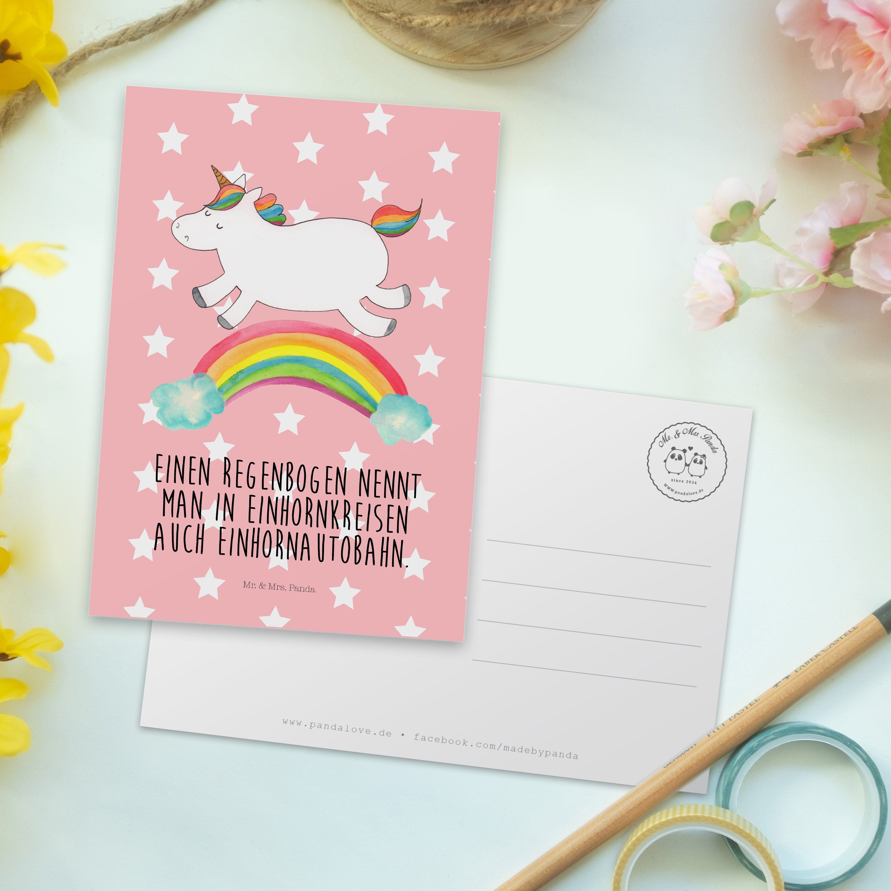 Pastell Rot Geschenk, Postkarte - Mr. & Einladung Mrs. Einhorn Panda Regenbogen Einhornpower, -