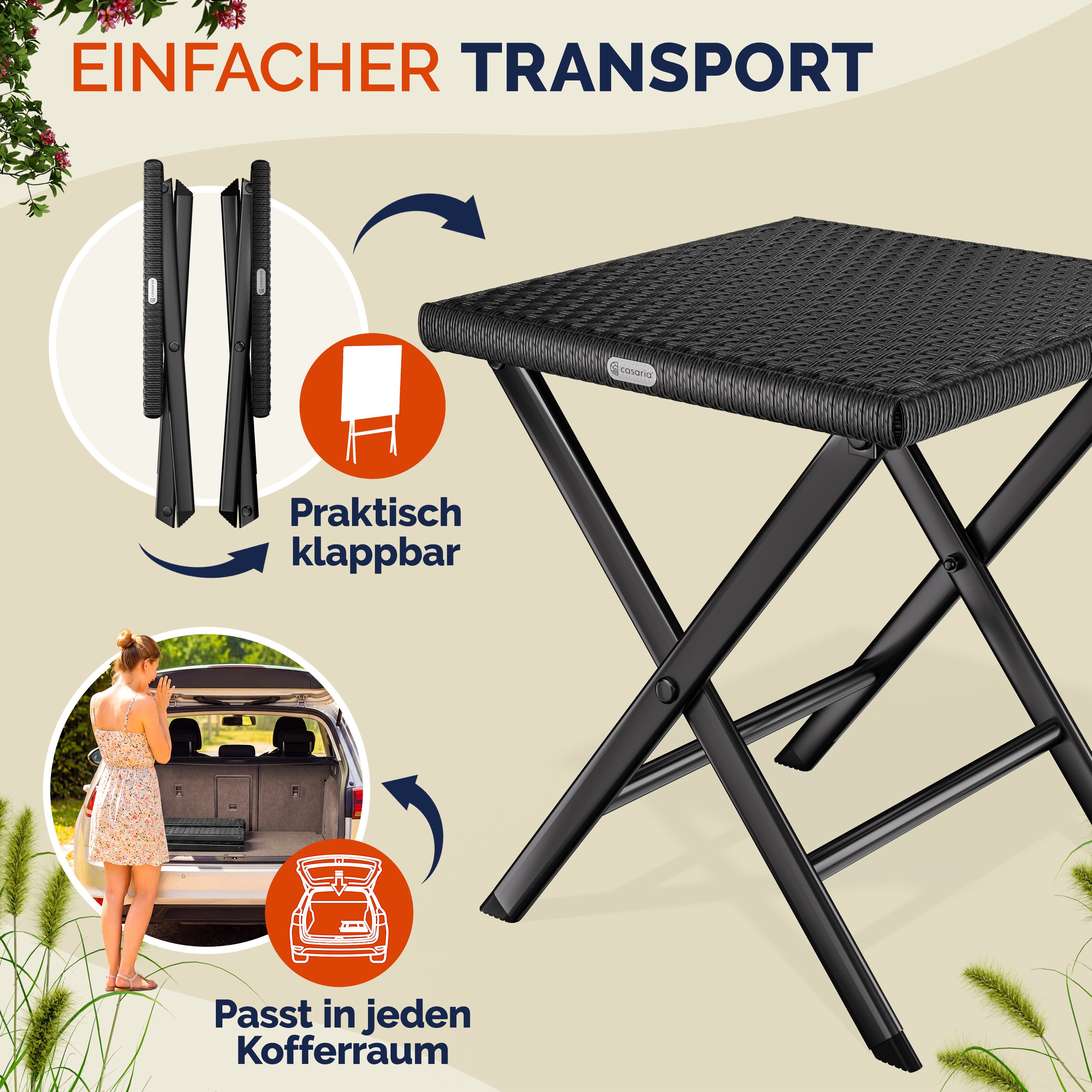 Casaria Gartenstuhl Rom (1 St), Polyrattan 75kg Belastbarkeit 44x40x44cm Klappbar Leicht Tragbar