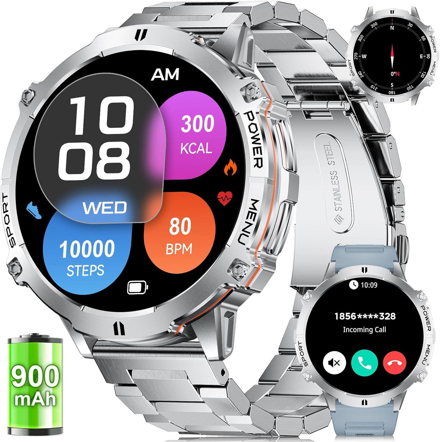 Lige TX3-B Smartwatch (4,4 cm, Android ios), Smartwatch Herren mit 80 Tagen Laufzeit und 1,73" HD Touchscreen