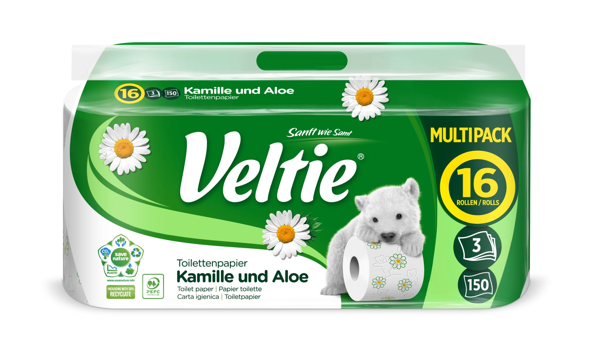 Centi Toilettenpapier Toilettenpapier 16er Pack – 3-lagig – (Spar-Set), 150 Blatt – Weiß mit Kamille und Aleo