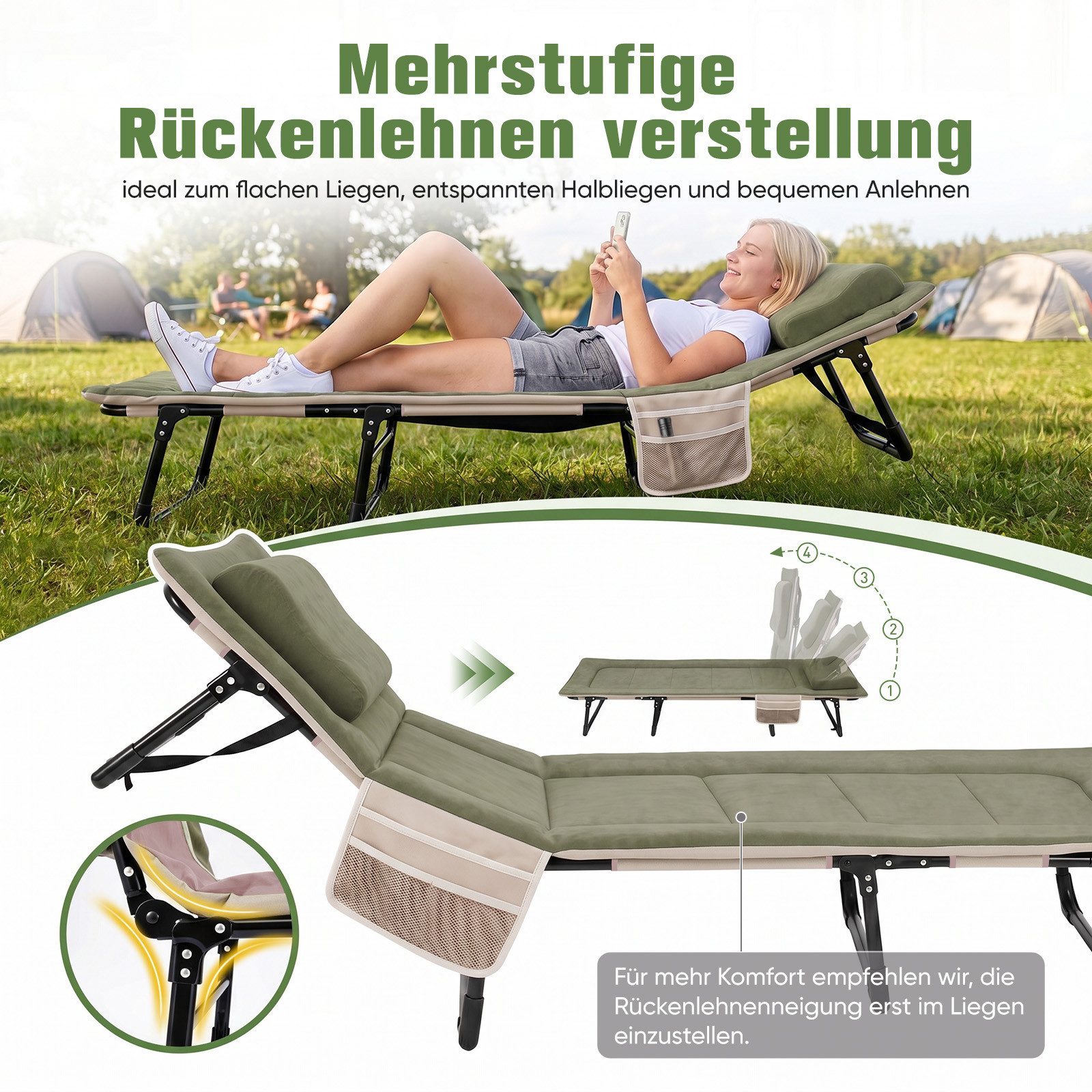 Sekey Faltbett Verstellbar Gästebett Campingbett Klappbar mit Matratze und Kissen 193 x 70 cm Campingliege bis 150 kg, mit verstellbarer Rückenlehne