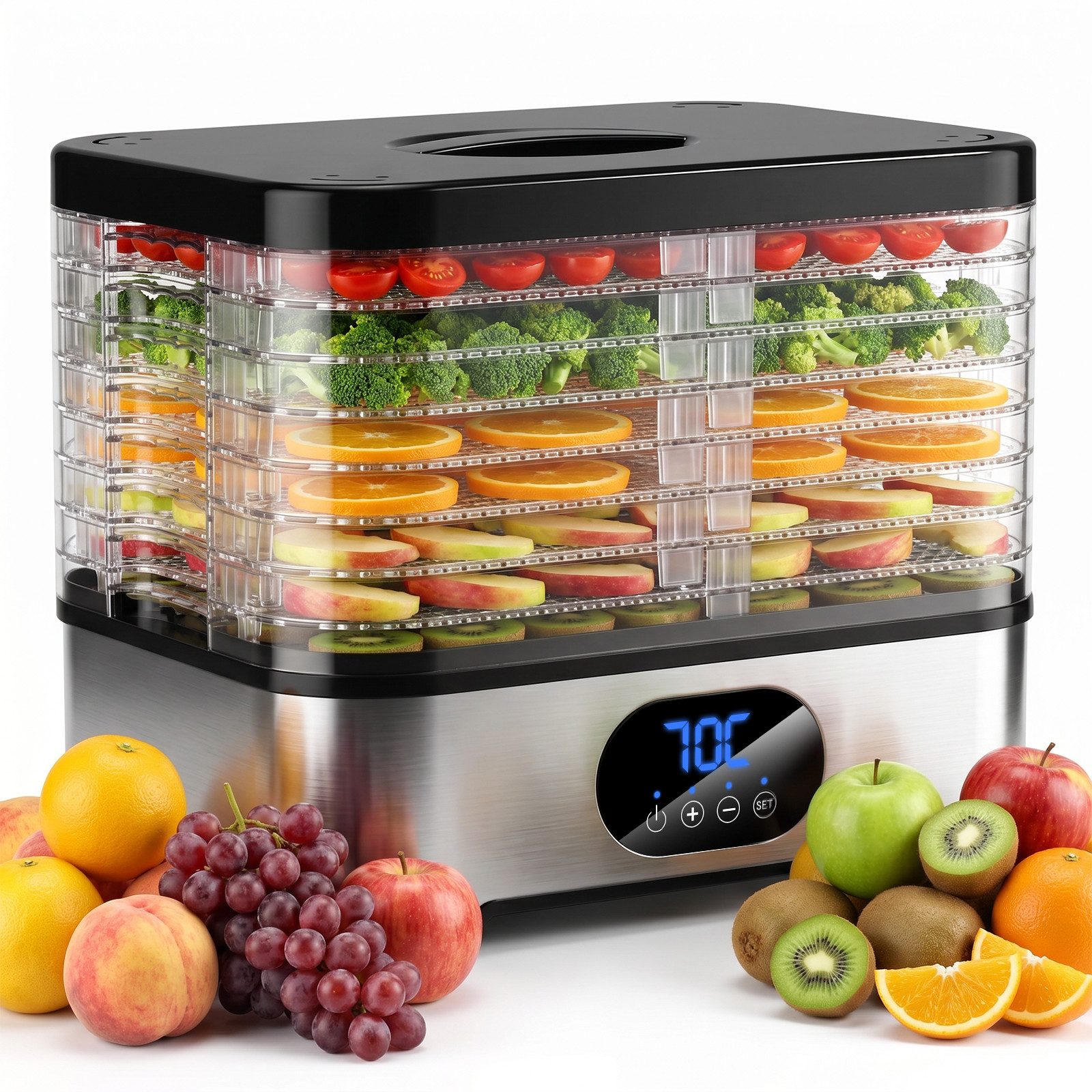 CkeyiN Pro Dörrautomat Edelstahl, Dörrgerät mit 8 Etagen, Dehydrator bis 72h-Timer 45-70°C 400 W, 8 Etagen, BPA-frei,Spülmaschinengeeignete Teile,für Obst,Gemüse,Fleisch