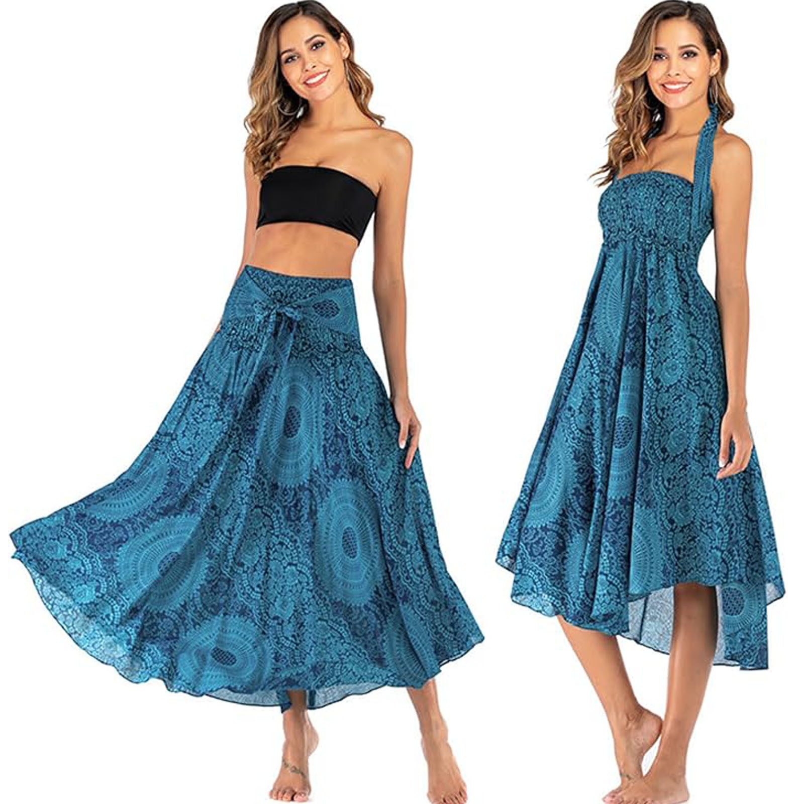 MOPUEA Sommerrock Maxirock Chiffon Bohemien Verstellbares Kleid Urlaub Strandkleider (Ethnischer Stil Blumenmuster, 1-tlg., Two Way to Wear Weich Dünn Cool Atmungsaktiv Sommerrock) Damen Halter Rock Langer Rock A-Linien Asymmetrien Strandrock