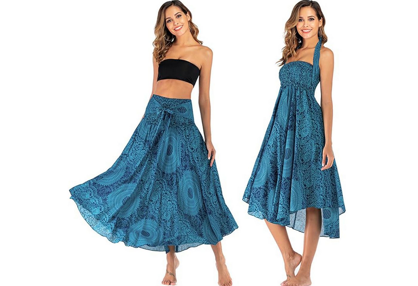 MOPUEA Sommerrock Maxirock Chiffon Bohemien Verstellbares Kleid Urlaub Strandkleider (Ethnischer Stil Blumenmuster, 1-tlg., Two Way to Wear Weich Dünn Cool Atmungsaktiv Sommerrock) Damen Halter Rock Langer Rock A-Linien Asymmetrien Strandrock