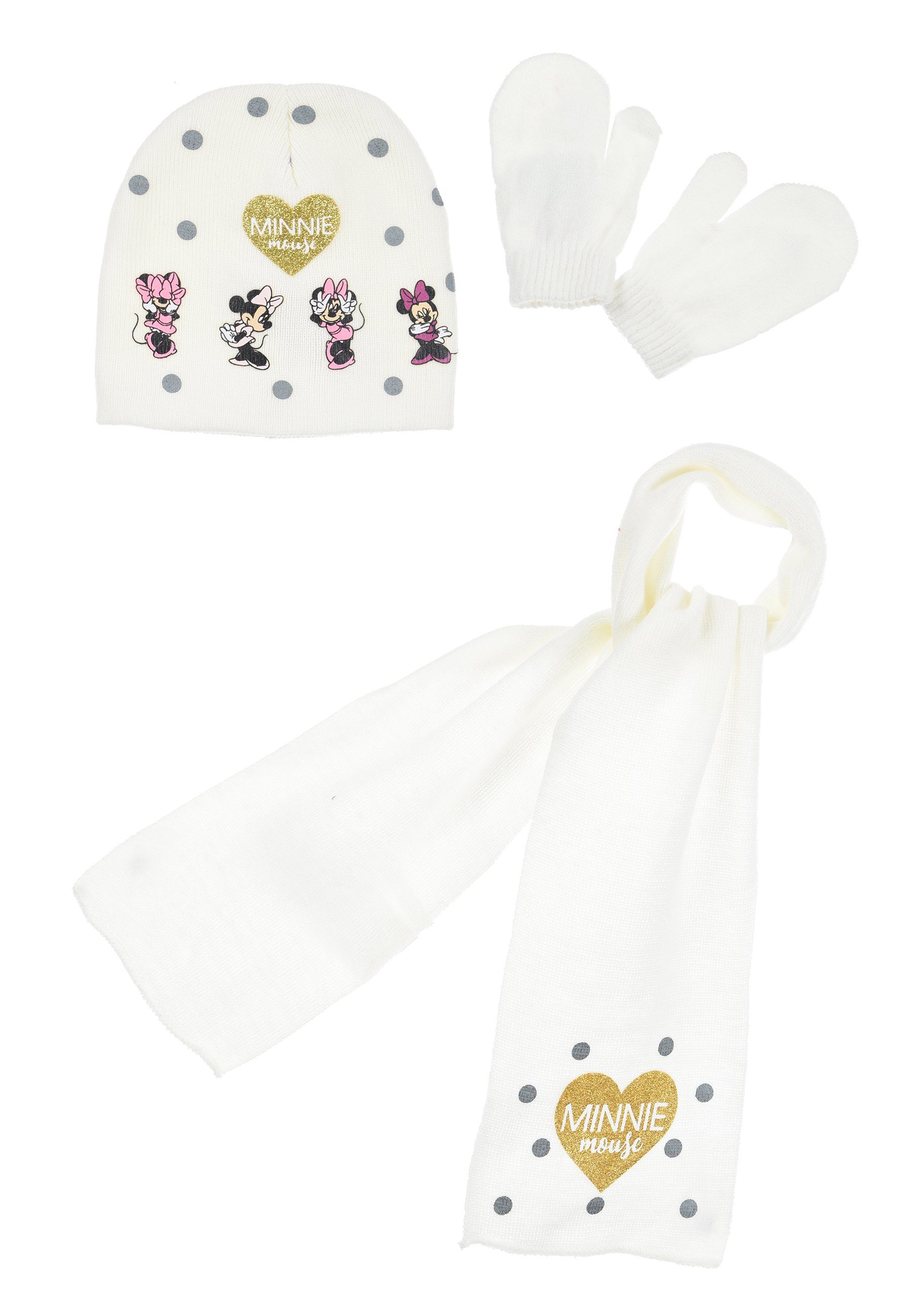 & Beanie 3 Mädchen Mütze, tlg. Winter-Set Kinder Schal (SET) Minnie Mouse Handschuhe Disney Weiß