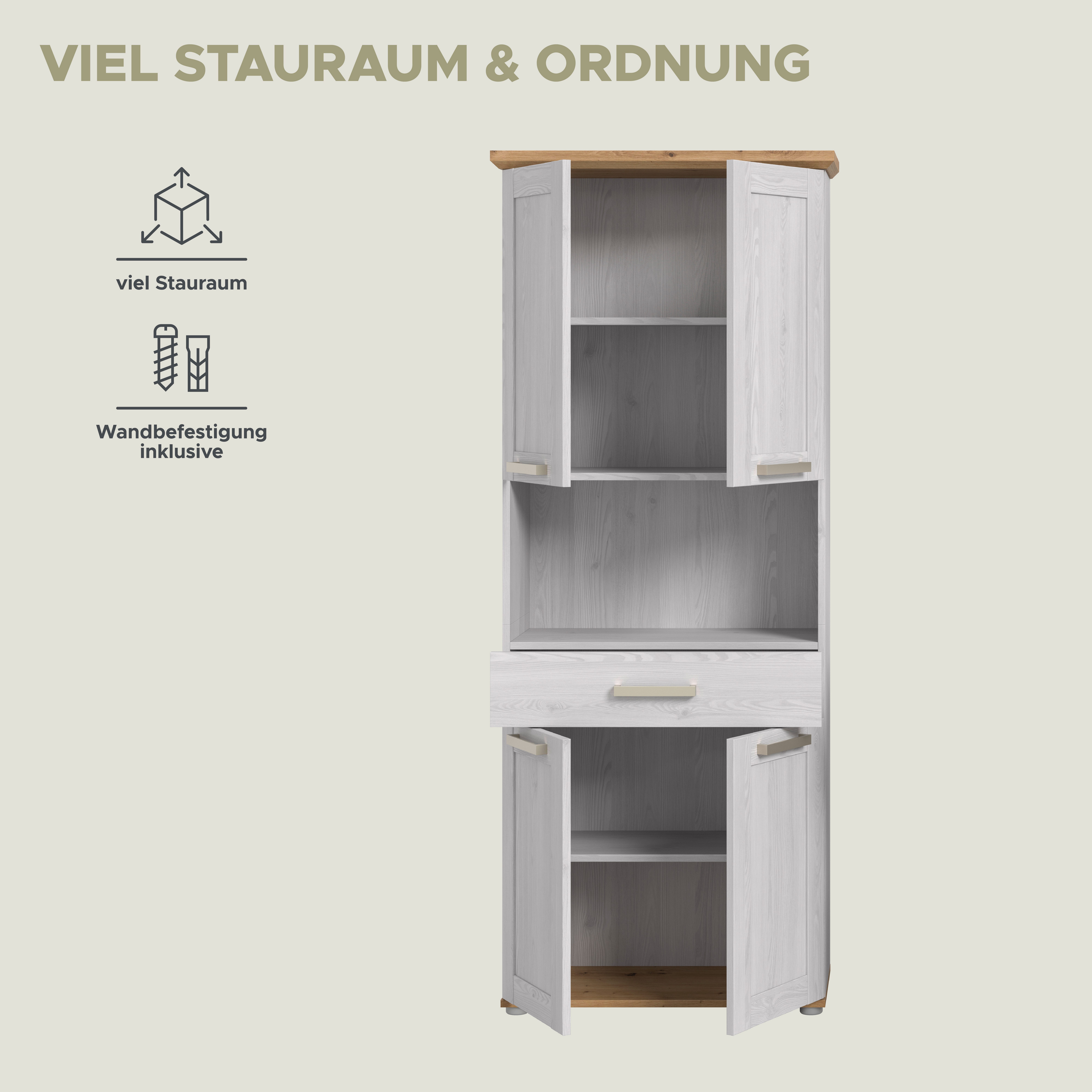 welltime Hochschrank COSENZA, Höhe 187cm, 4 Türen, 1 Schubkasten, 1 offenes Fach (1-St., in Landhausoptik, mit weiteren Artikel der Serie kombinierbar) Hochschr – Bild 4 von 5