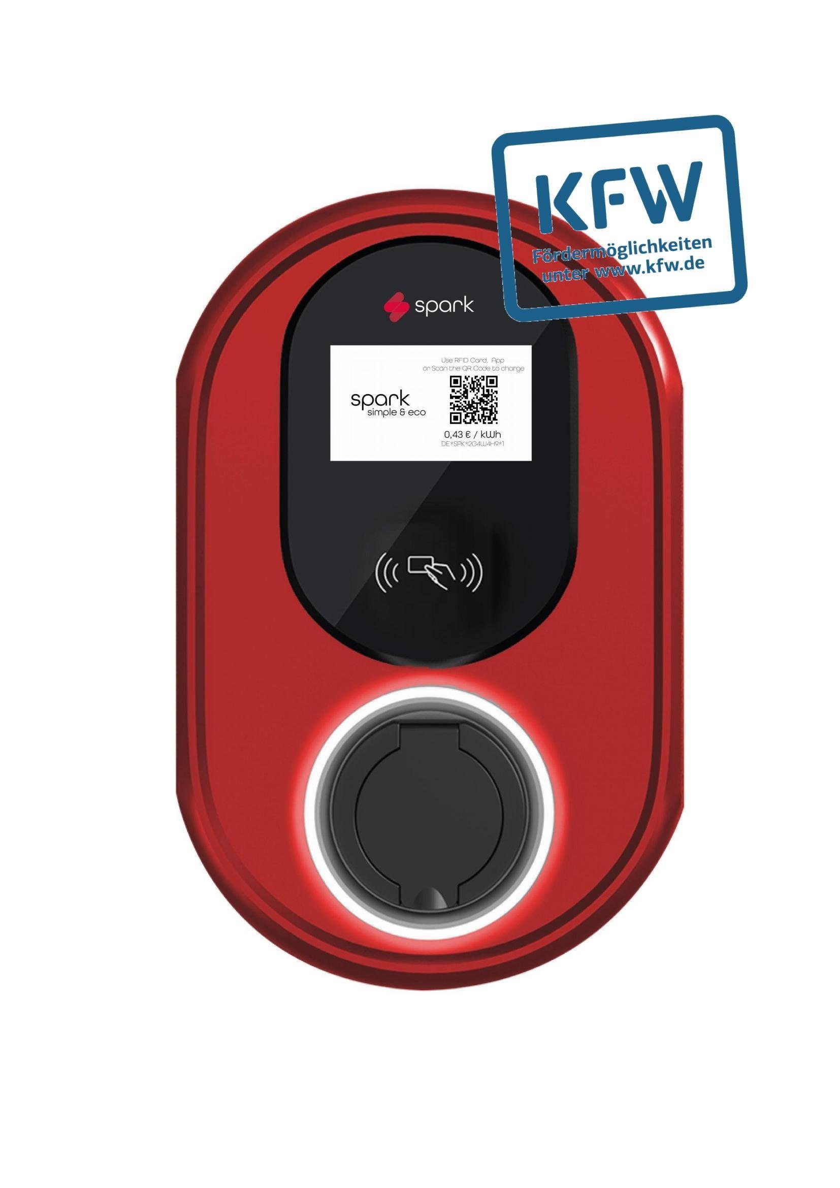 Spark stationäre Elektroauto-Ladestation (KfW) 11KW Wallbox - 5M Kabel -RFID-MID-FI-Schutz-Touchscreen-4G-WIFI, 11,00kW / 16A, 3-phasig, IP65, für Innen- und Außenbereich (Garage, Carport) Milano Red
