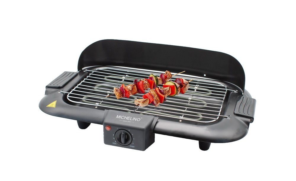 Michelino Elektrogrill 2in1 Elektrischer Standgrill undTischgrill, 2000 W, verchromtes Grillrost, Themostat, Windschutz, Ablage mit Servierplatte