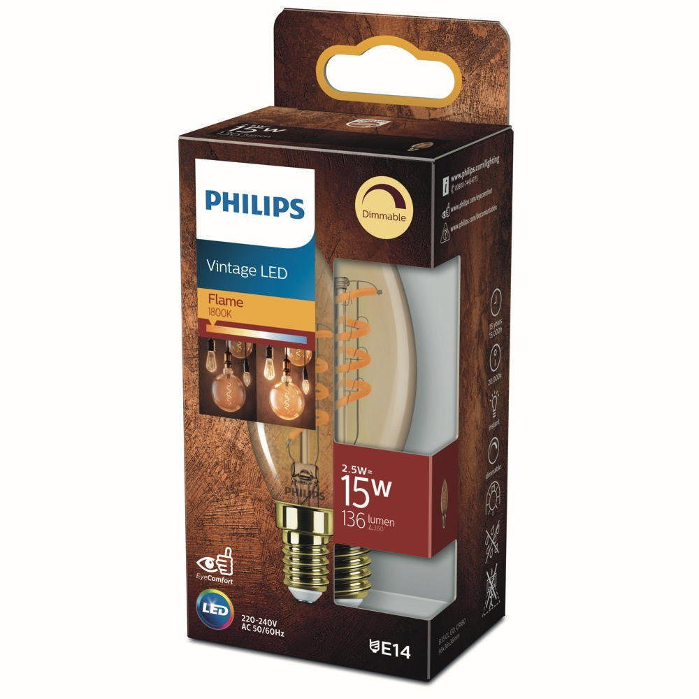 Philips LED Lampe E14 gold, LED-Leuchtmittel warmweiss Lumen, ersetzt warmweiß, B35, 136 Kerzenform 15W, n.v,