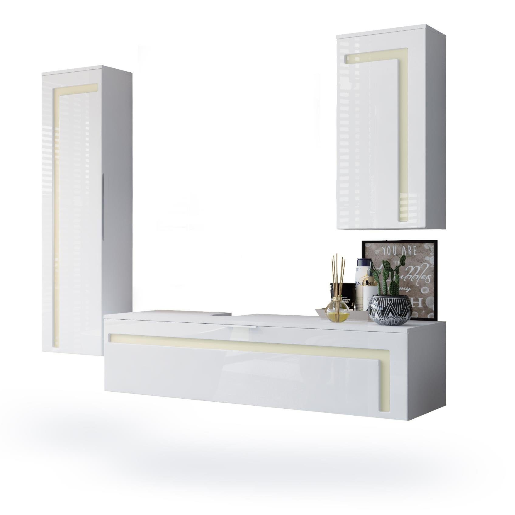 Vladon Badmöbel-Set Aloha, (Badezimmer-Set, mit 2 Hochschränken und 1 Unterschrank), Weiß matt&glänzend, Absetzungen in Creme glänzend (210x51x185 cm)