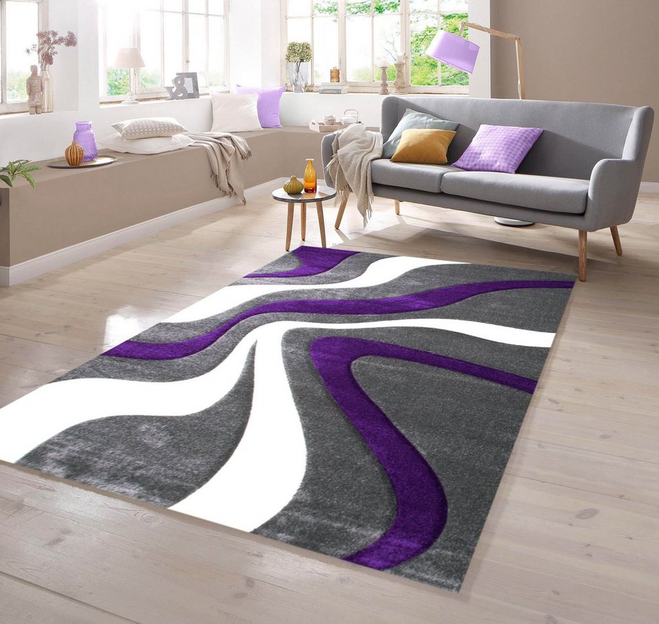 Teppich Designer Teppich mit Konturenschnitt Wellenmuster Lila Grau Weiss,  TeppichHome24, rechteckig