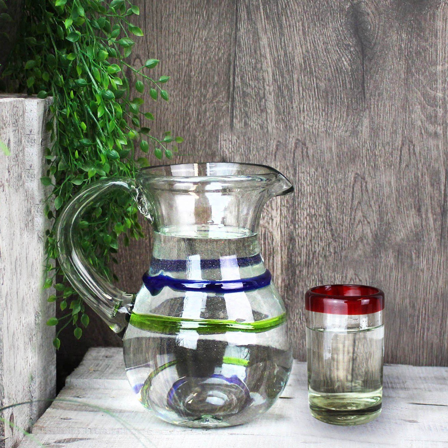 mitienda Glas Saftglas mit 100ml, handmade rotem Rand Trinkglas