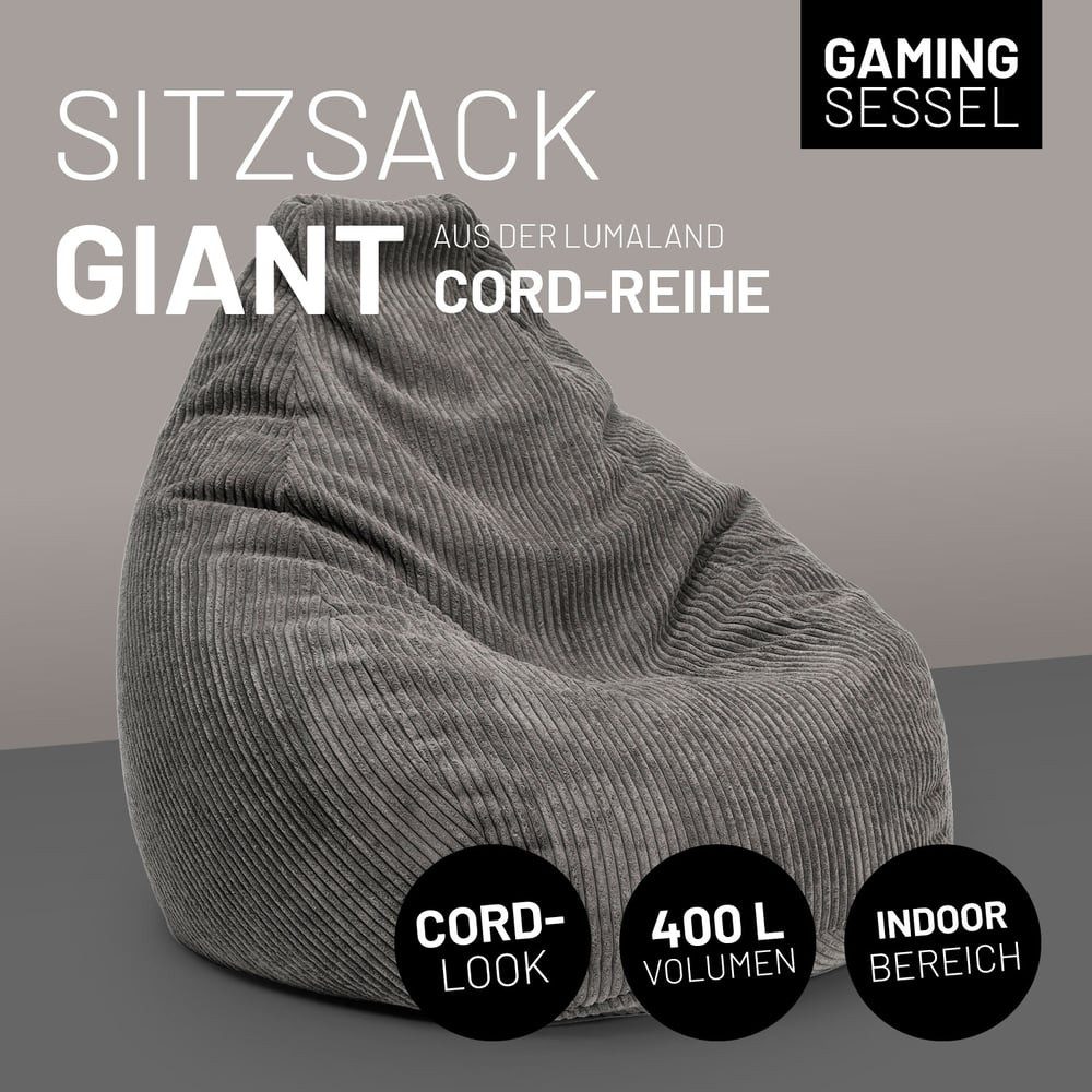 Lumaland Sitzsack GIANT Cord Sitzsack Stabile Lehne ideal fürs Gaming, verdeckter Reißverschluss, trendig & Gemütlichkeit vereint – Bild 4 von 5
