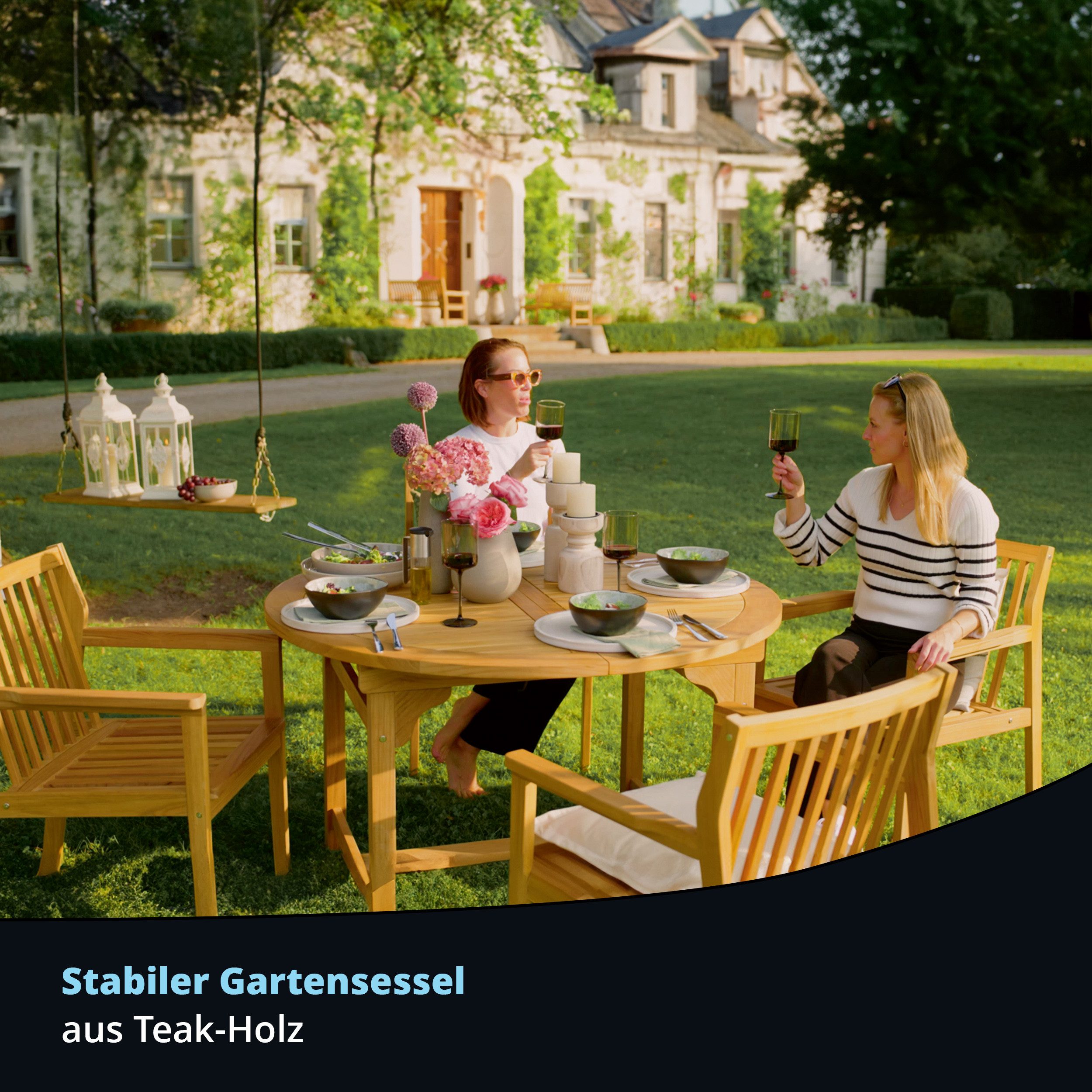 KHG Gartensessel aus Teak-Massivholz, Gartenstuhl mit Armlehnen (Outdoor für Garten, Balkon & Terrasse, 1-St., wetterfest 160 kg belastbar, 60x86x64 cm), Armlehne