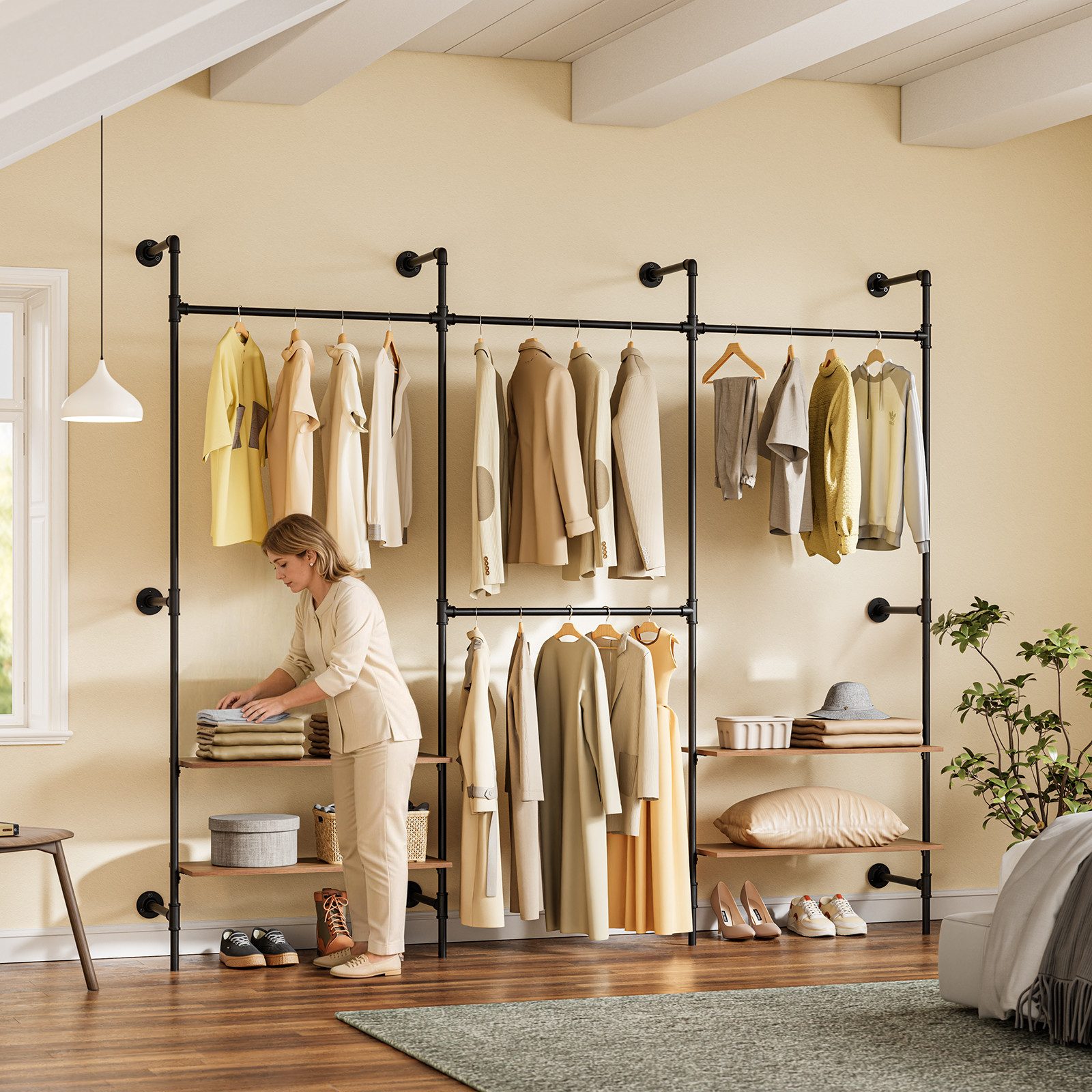 SoBuy Kleiderständer KLS18, Garderobenständer mit Kleiderstange Schuhablage, Kleiderschrank, Kleiderregal mit Kleiderstangen, 2-4 Ablagen, offener Kleiderschrank