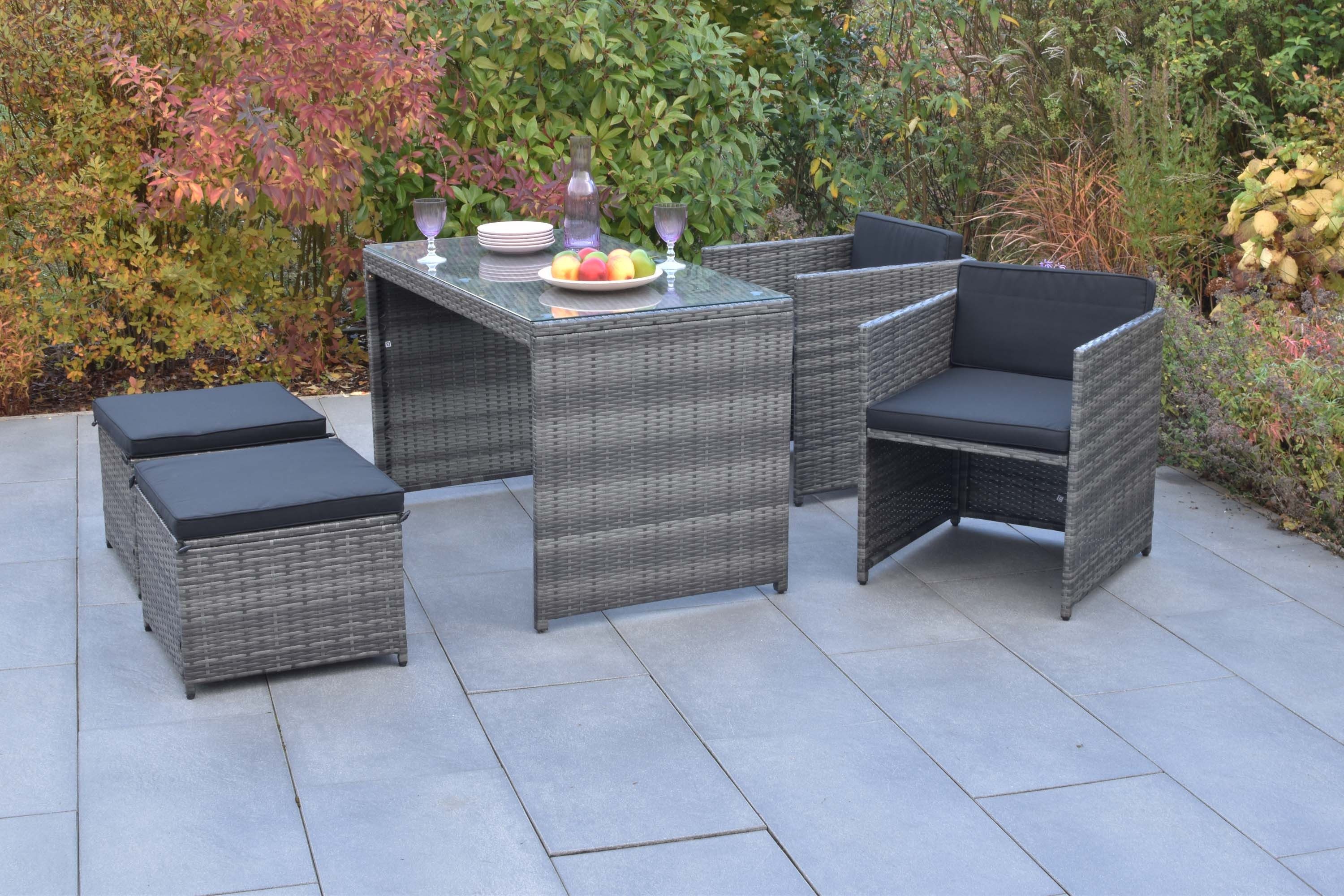 MERXX Garten-Essgruppe Merano, (Set, 5tlg), 2 Sessel inkl. Sitz- und Rückenkissen, 2 Hocker, Tisch 121,5 x 65 cm