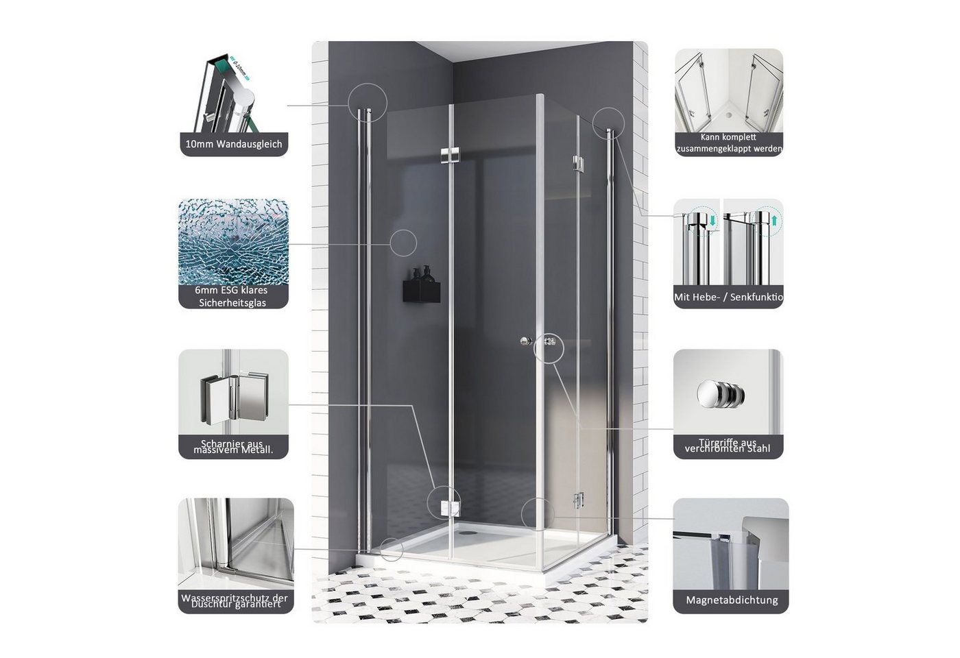 Thumbnail - Boromal Eckdusche Duschkabine 90x80 80x90 Schwarz Chrom H:185/195 Schiebetür Falttür, BxT: 90x80 cm, 5mm ESG Sicherheits...