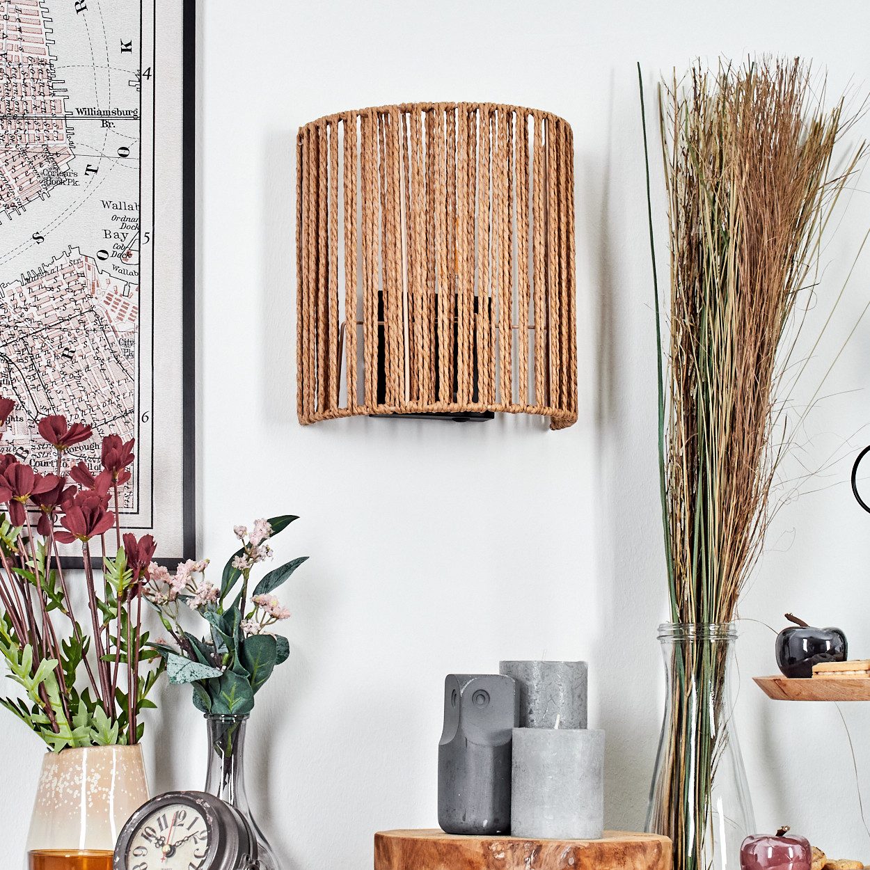 hofstein Wandleuchte Wandlampe aus Metall/Bast/Seil in Schwarz/Natur mit Lichteffekt, Wandleuchte Boho-Design, Stecker u. Schalter, abnehmbares Kabel, E27