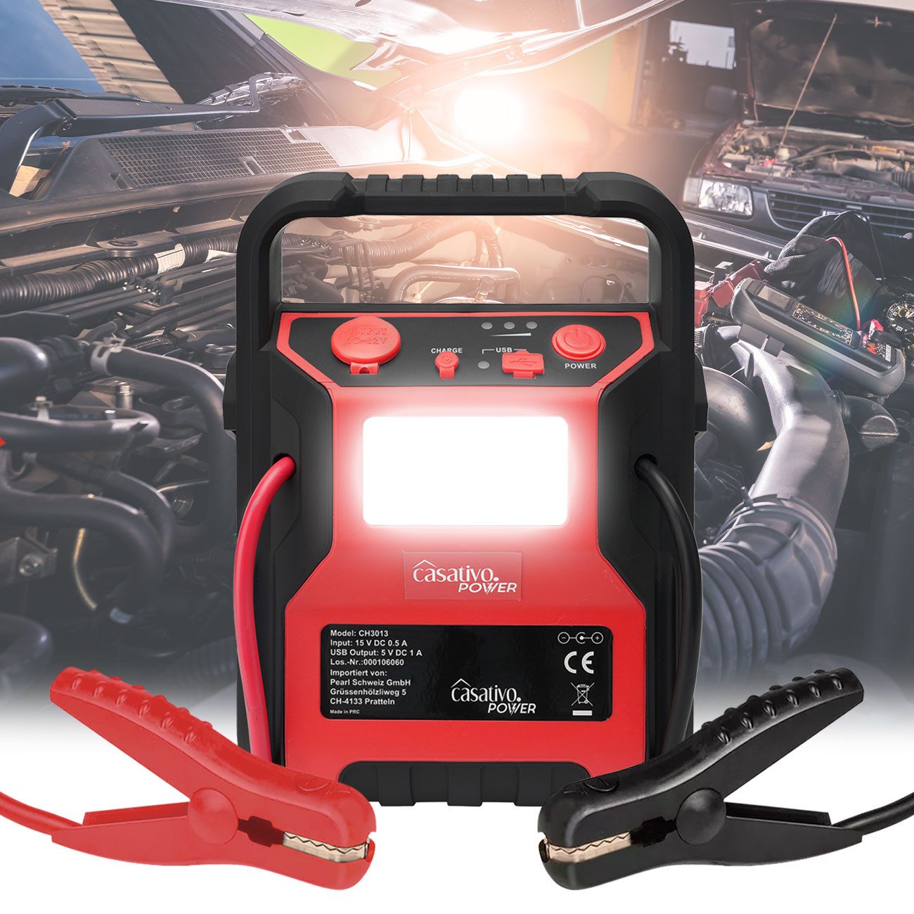 Casativo Auto-Starthilfe-Booster 600A/17bar Kompressor Powerbank LED-Licht Starthilfegerät (12 V / 230 V V), 9Ah Powerbank/Leuchtmittel 60 lm/USB-Ladeport