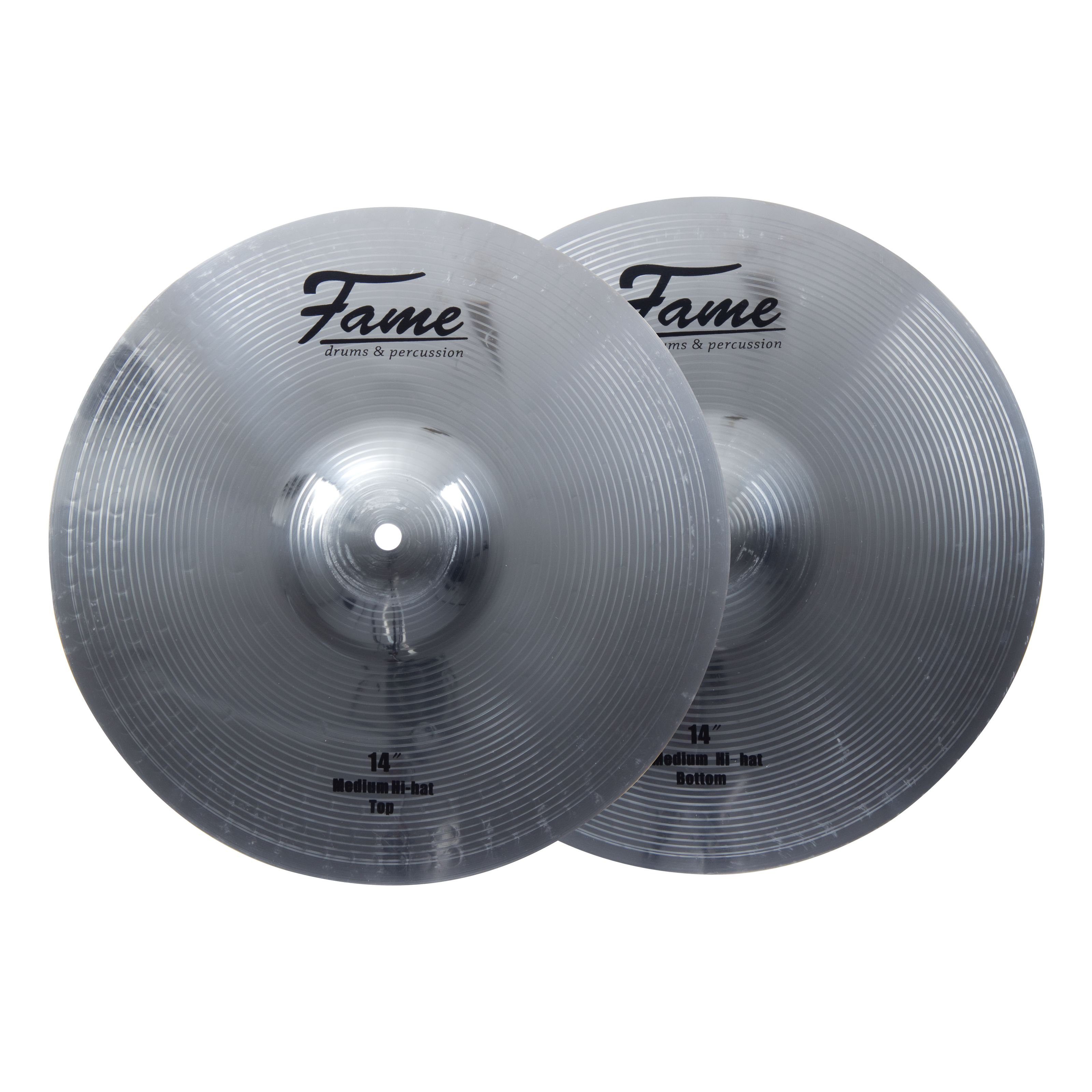 FAME Becken,Reflex 14 Zoll HiHat Becken Messinglegierung Robuste Konstruktion Obertonreicher Klang Vielschichtiges Frequenzspektrum Medium-Heavy Silver Brilliant Finish Perfektes Preis-Leistungs-Verhältnis, Cymbals, Hi Hats, Reflex 14 Zoll HiHat Becken, Obertonreicher Klang, Medium-Heavy