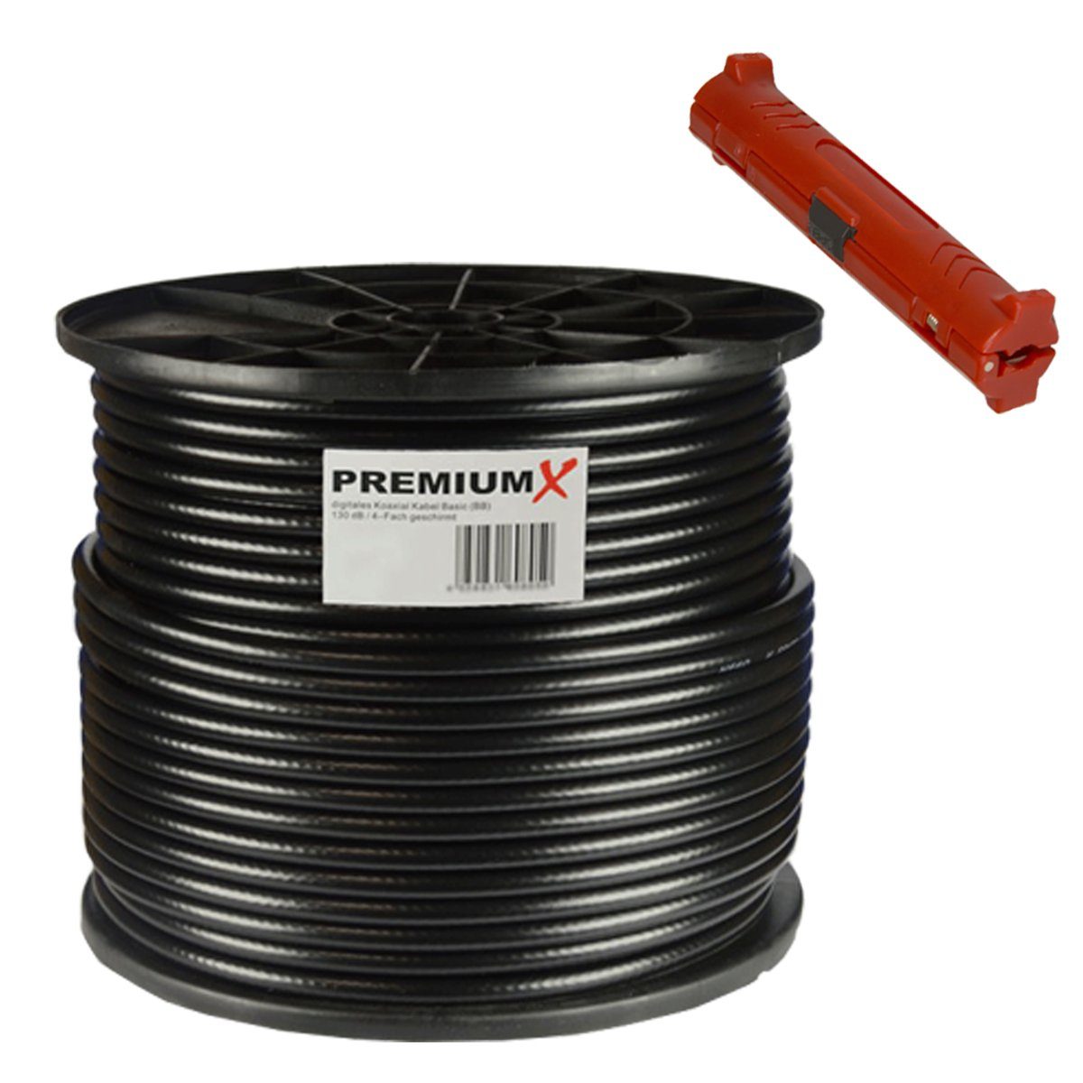 PremiumX 100m BASIC Koaxialkabel schwarz 135dB SAT Kabel Entmanteler SAT-Kabel