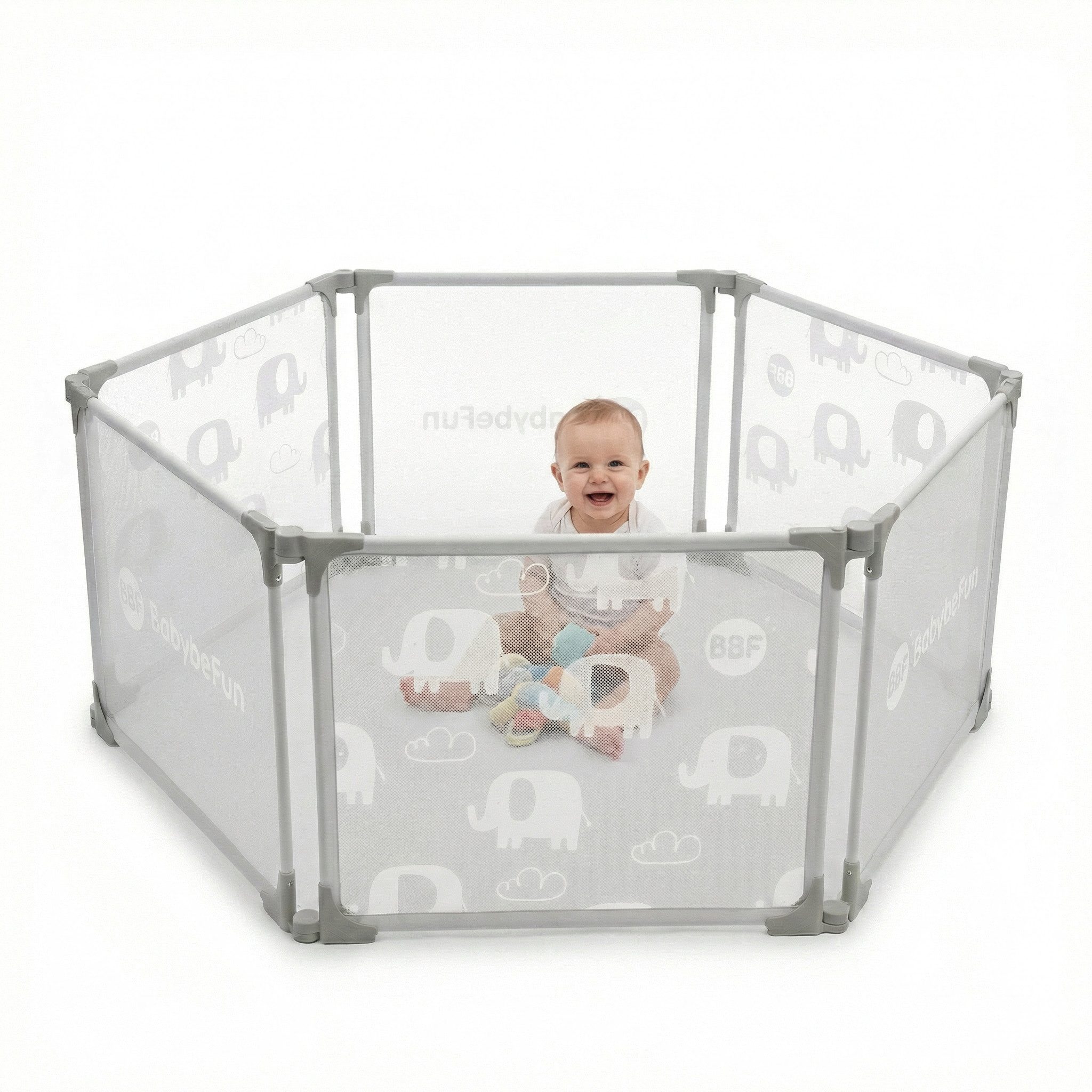 BabyBeFun Laufstall Baby faltbar [Extra Stabil] Laufgitter Baby Playpen Kaminschutzgitter (6-tlg), Variabel verwendbar