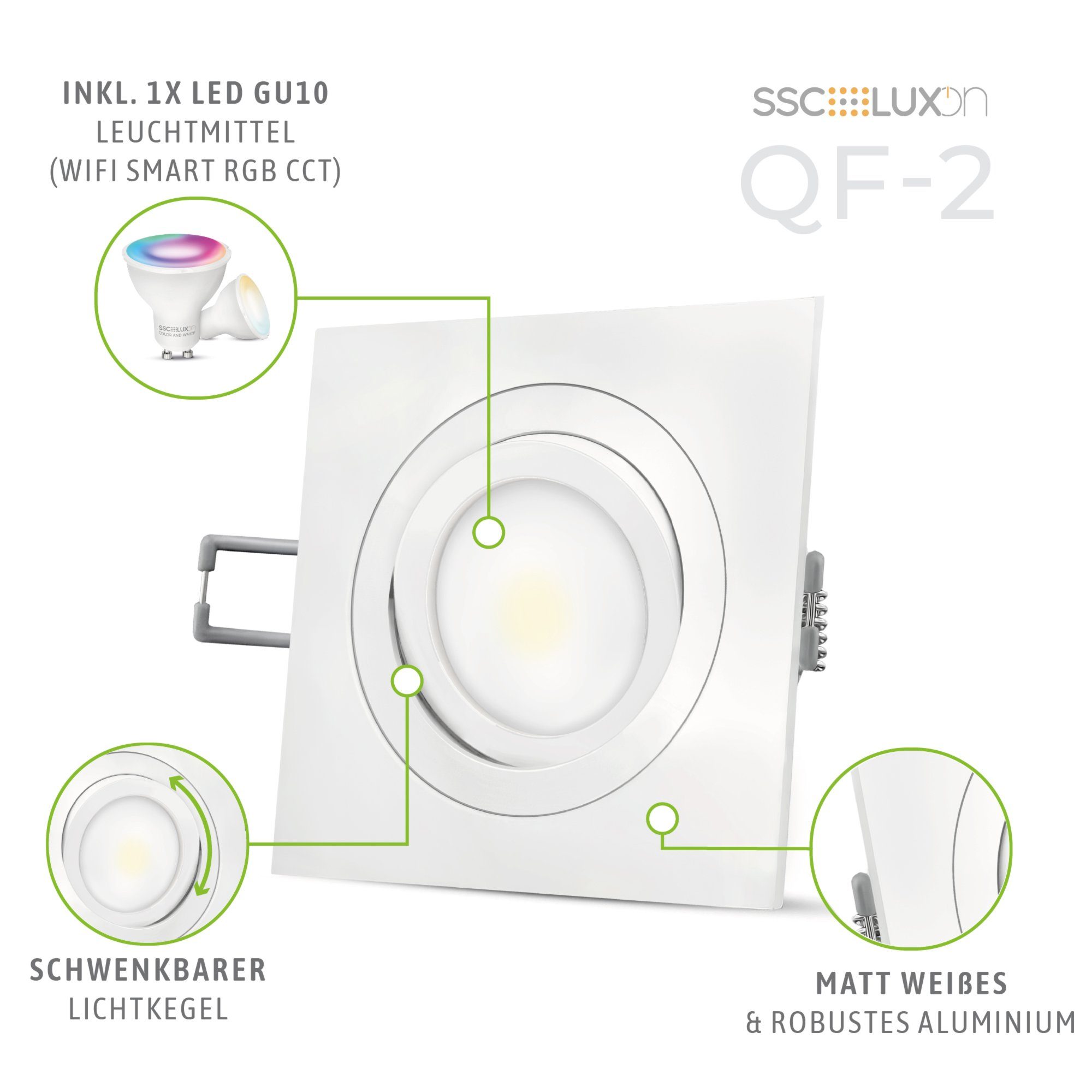GU10 Lampe mit QF-2 Einbaustrahler LED RGB schwenkbar RGB LED Einbaustrahler dimmbar, SSC-LUXon Wifi