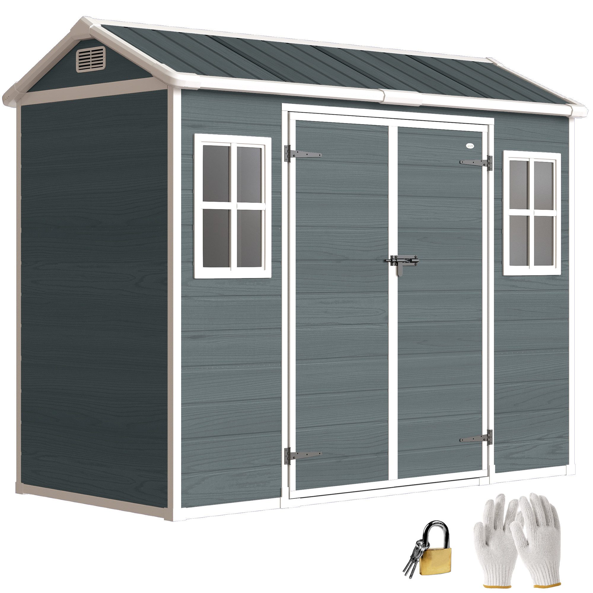 Outsunny Gerätehaus mit Holzoptik, 2 Fenster, Satteldach, Doppeltür, Belüftung, Boden, BxT: 244x131 cm, (Geräteschuppen, 1 St., Gartenschuppen), für Werkzeuge Fahrrad